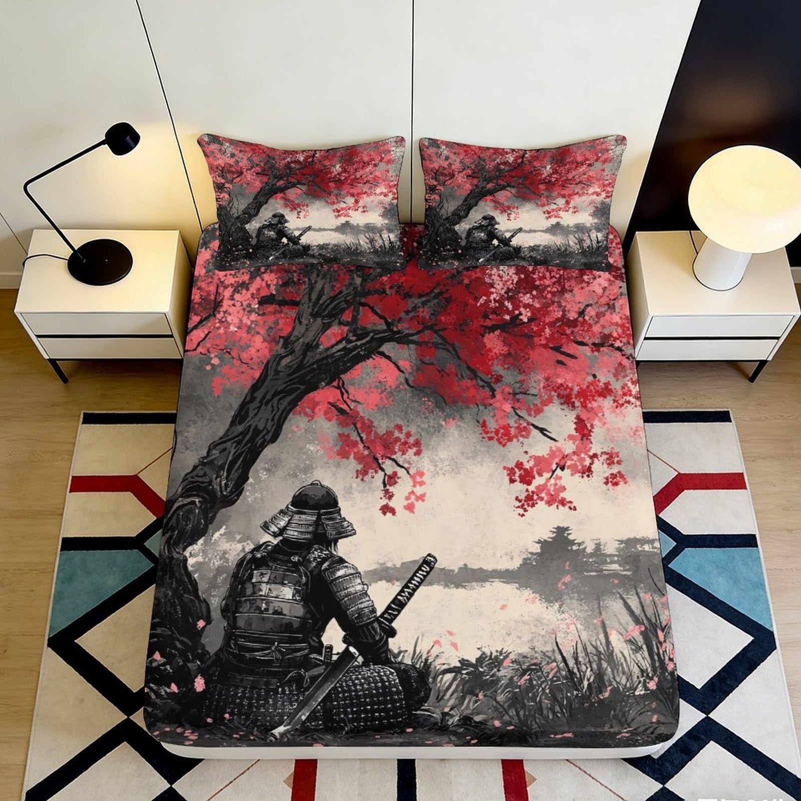 Jqzkxnhpbr Style-5 3D Printed Samurai Cherry Blossom Fitted Sheet Microfiber Artistic Bed Cover For Bedroom Dorm House Decor 90X200x25cm