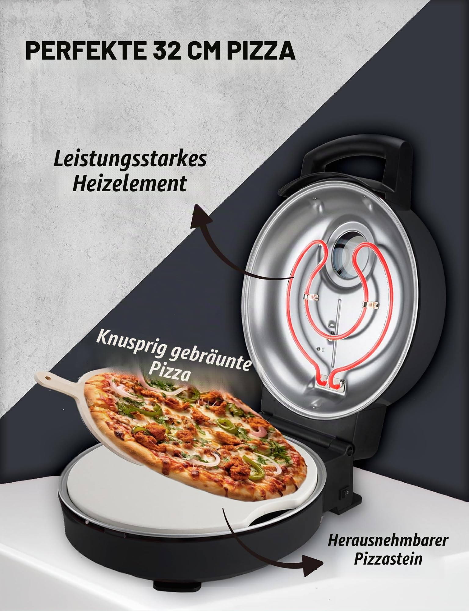 Bestron Pizzaofen für knusprige Pizzen in 5-10 Minuten, elektischer Pizzaofen mit bis zu echten 320°C Höchsttemperatur, inkl. Schamottstein & 2 große Holzspatel, Black Label, Farbe: Mattschwarz