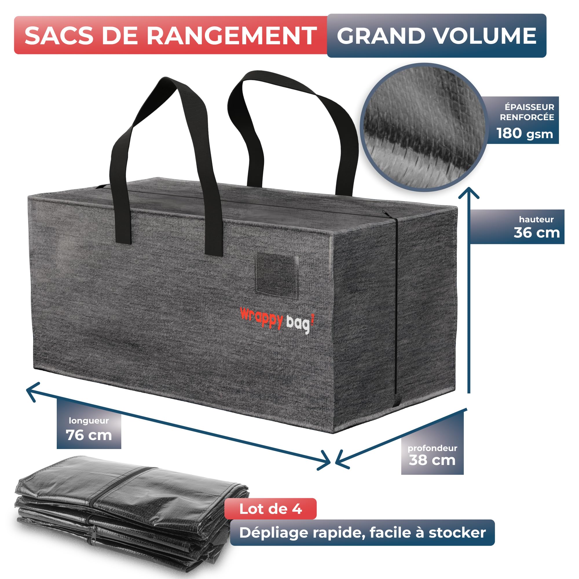 WRAPPYBAG Lot de 4 Grands Sacs à dos de Rangement Plastique – Sacs Jumbo XXL – Déménagement & Voyage – Solide, Épais & Déperlant avec Poignées Renforcées – Vêtement & Linge de Lit – 76 x 36 x 38 cm