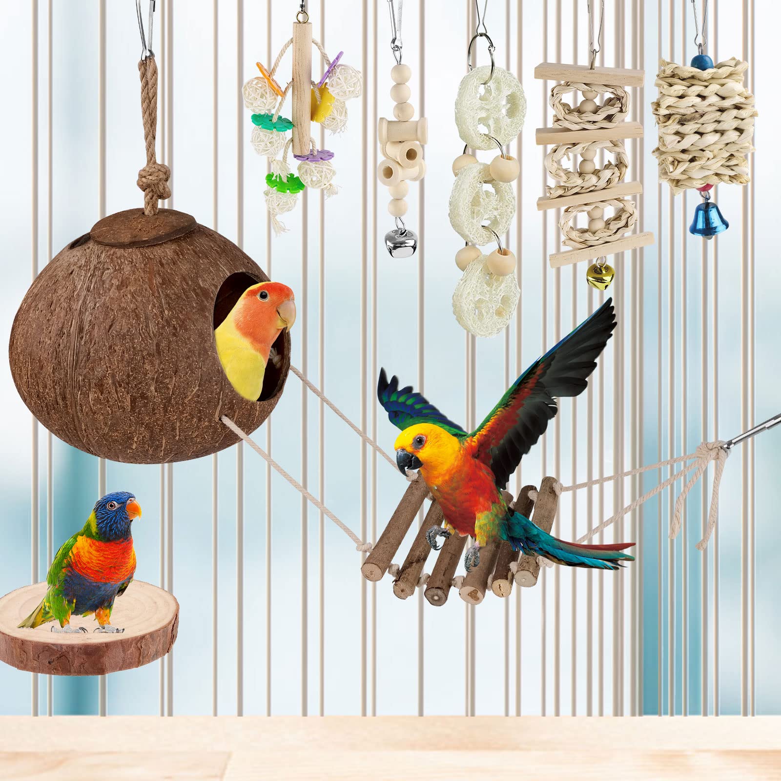 7-teiliges Papageienspielzeug Set - Mit Schaukel, Leiter & Kauspielzeug | Für Wellensittiche