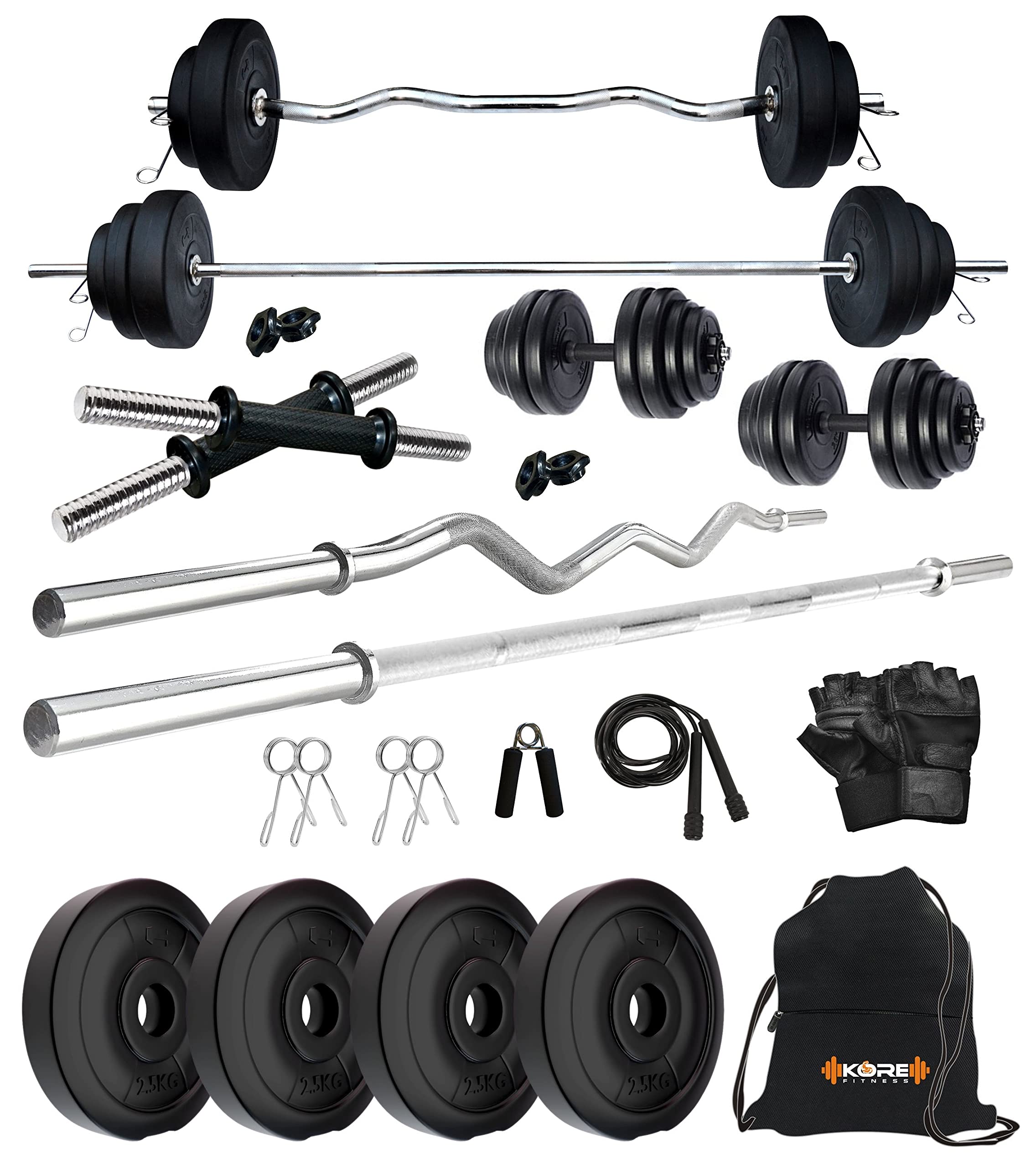 Kore PVC 10KG Combo 42 Home Gym Set with One 3 Ft Curl + One 4 Ft Plain and One Pair Dumbbell Rods with Gym Bag and Gym Accessories-image-47