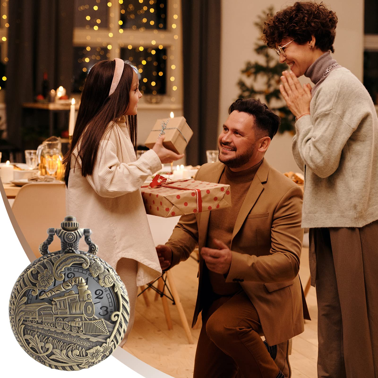 tasca, Orologio da tasca classico al quarzo scolpito con catena corta for uomo e donna, modello treno a vapore 3D