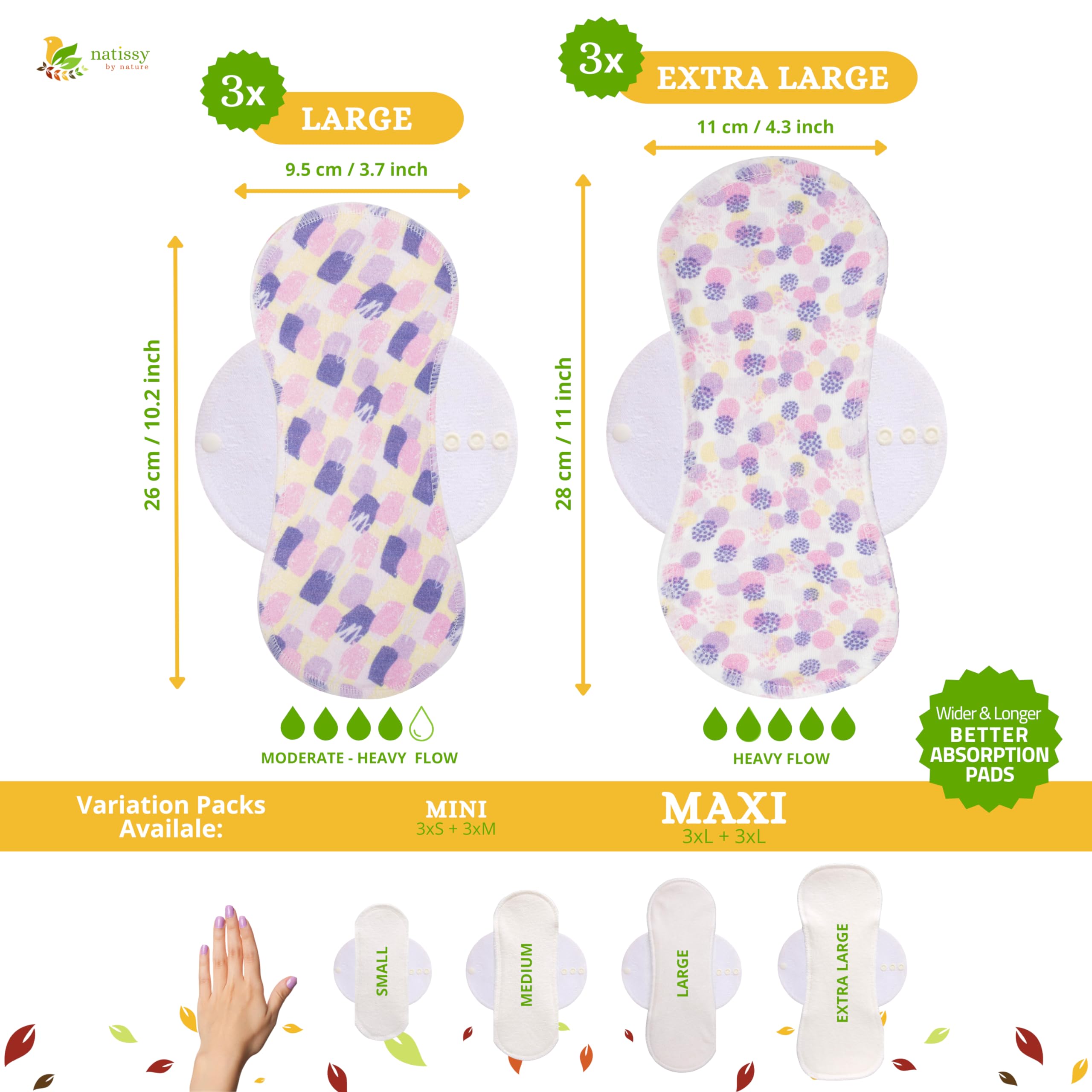 Non Slip Reusable Pads Menstrual Heavy Flow 6-Pack (L+XL) Organic Cotton Cloth Menstrual Pads & Non Slip Reusable Panty Liners for Women 7-Pack (M) Panty Liner Washable for Women & Teens