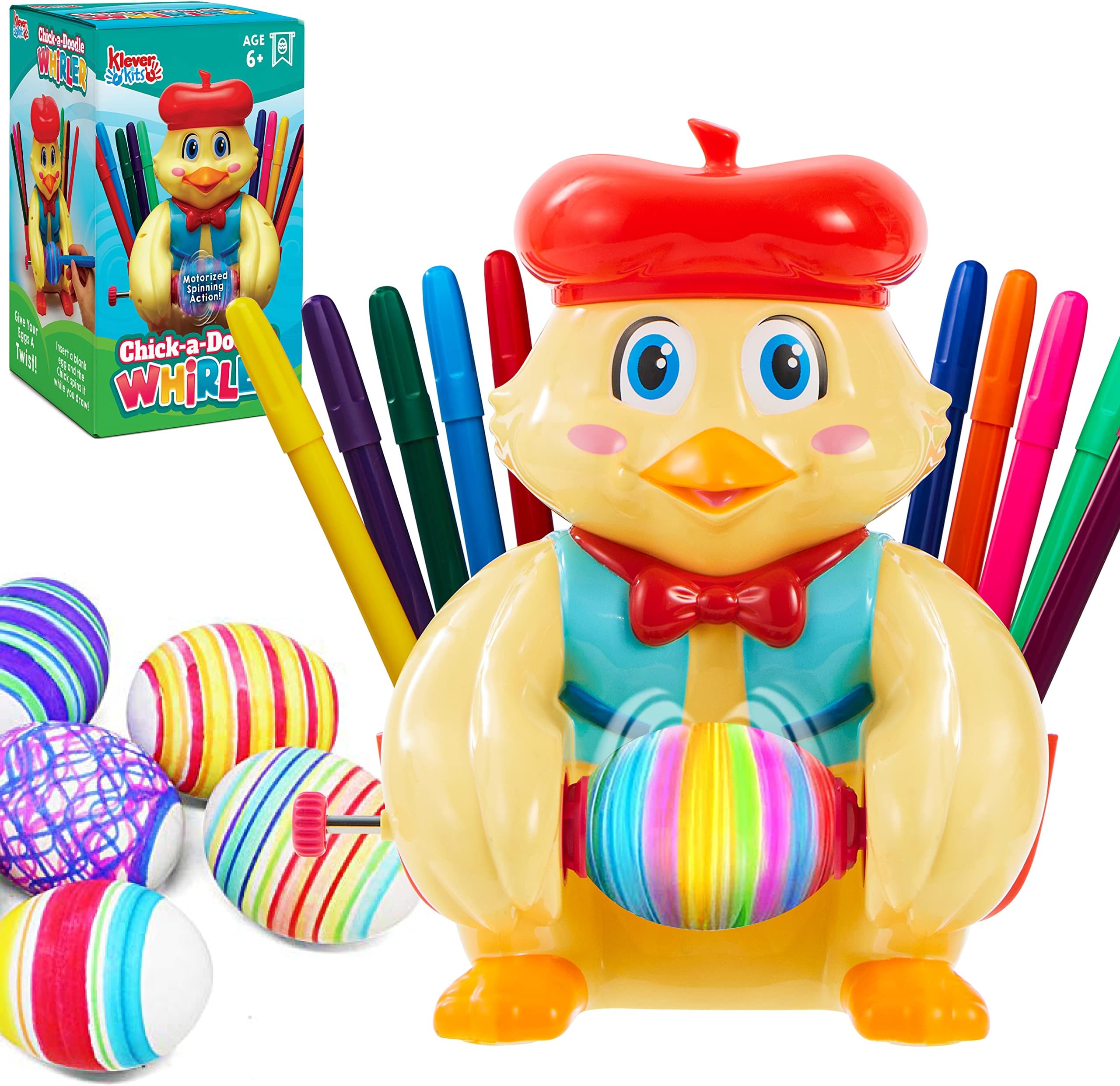 Klever Kits Easter Egg Decorator Spinner Kit Includes Chick Easter Egg Spinner Decorating Machine and 10 Colorful Markers, Battery Driven Motorized Egg Whirler for Kids Easter Party Activities