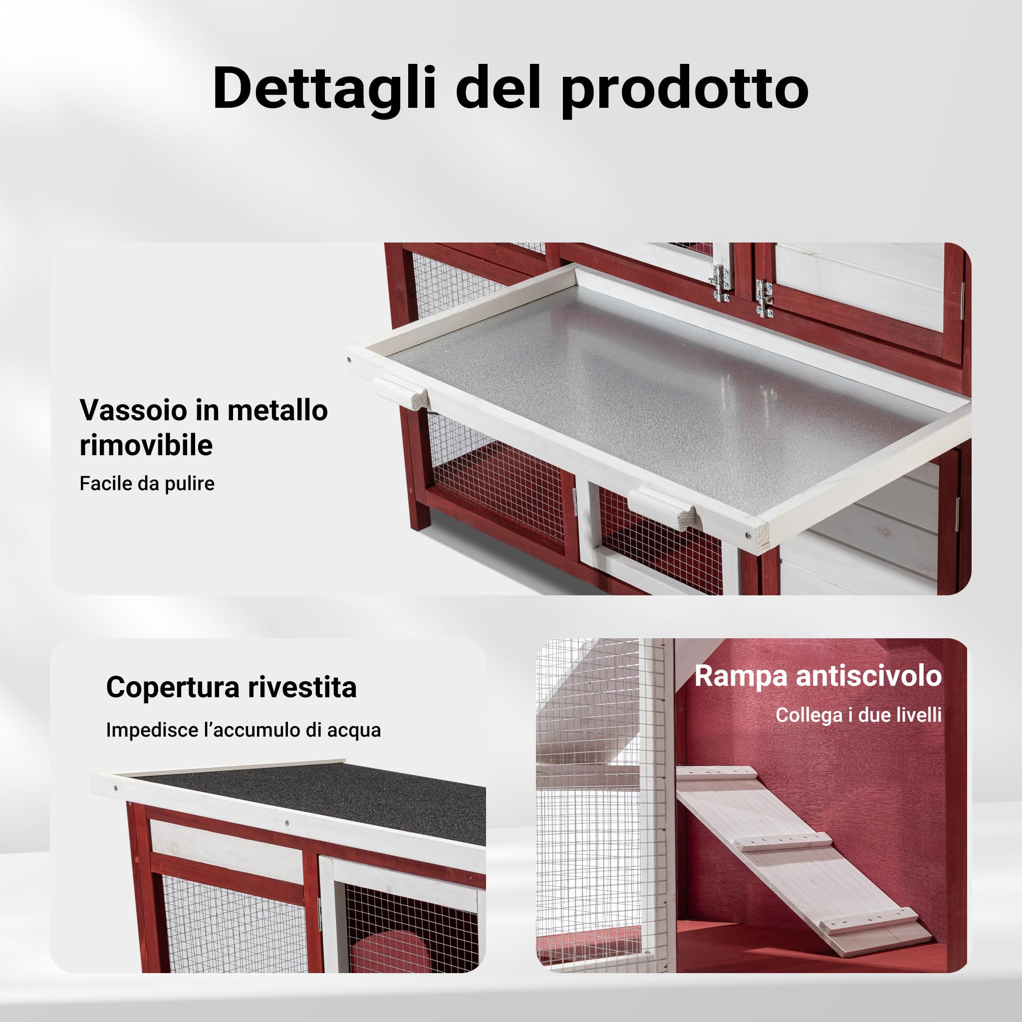 Conigliera a 2 livelli Con scale Pavimento estraibile In legno Rosso-bianco Stalla