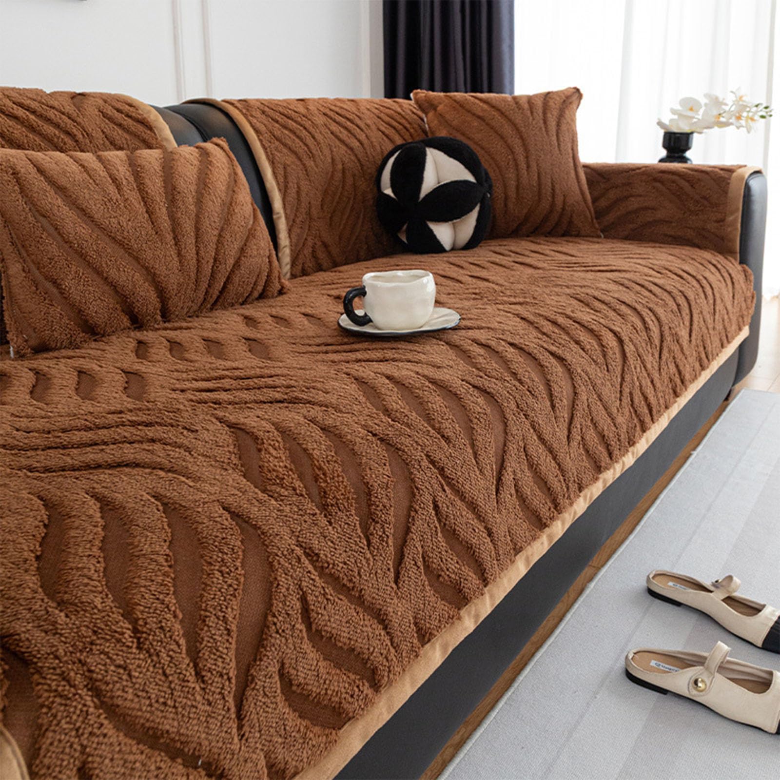 Housse de canapé en velours marron café 110x340 cm pour grand 3 places