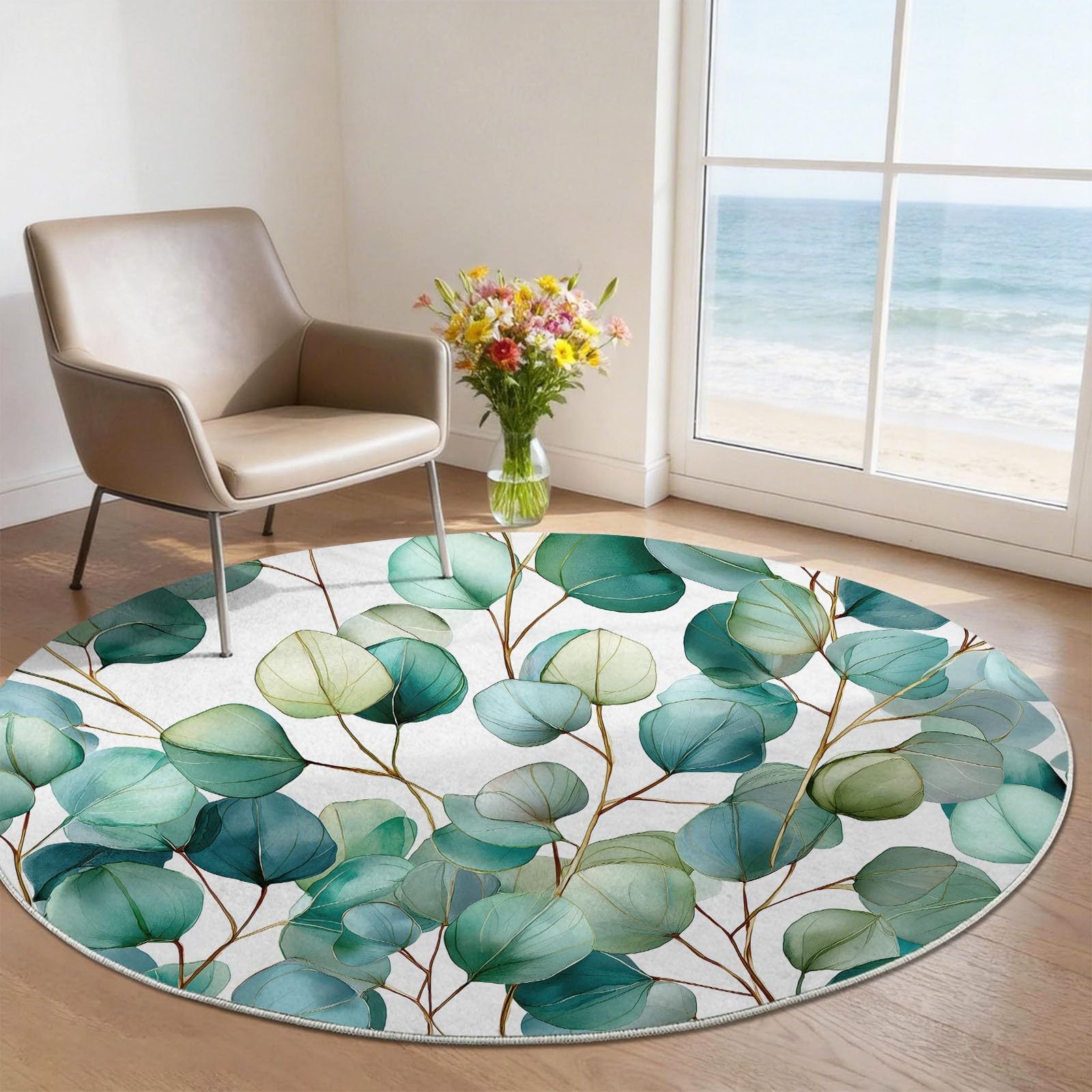 Round Rug for Living Room 160 cm, Plants Watercolor Rug Washable & Non-Slip Low Pile Circle Carpet, Soft Rugs for Bedroom, Green Eucalyptus Leaves Branches Rugs Kitchen, Nursery, Dinning Room