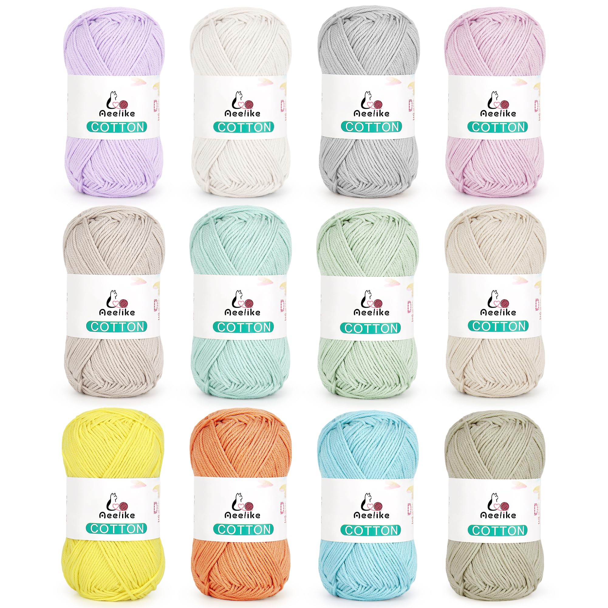 Aeelike Cotton Yarn for Crochet & Knitting - 100% Cotton 12 Ball Yarn Pack(50g Each, 600g Total) - Soft 4Ply Cotton Knitting Yarn for Crocheting Amigurumi, Bags, Socks, Baby Blanket - Pastel Colours