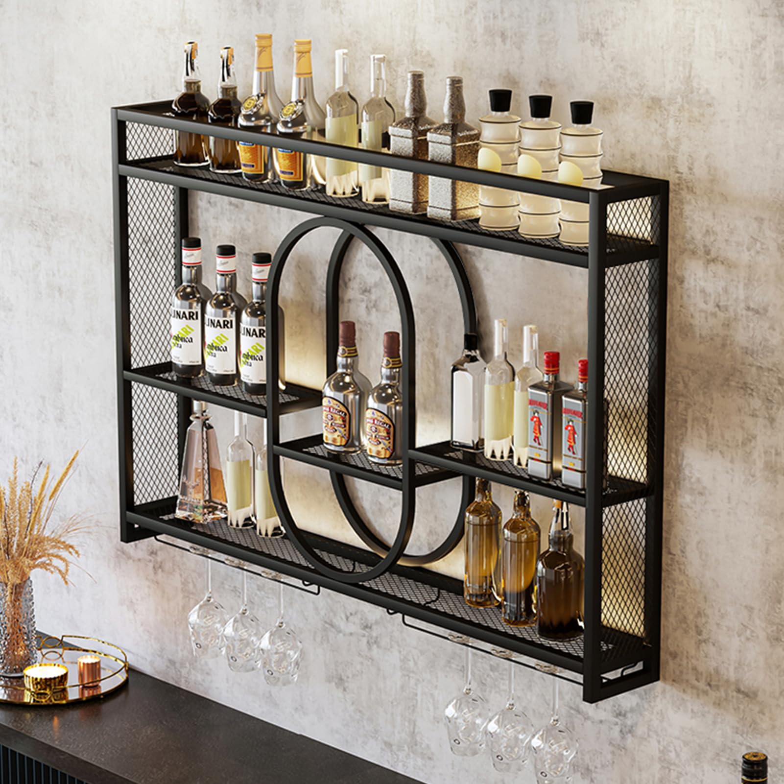 Metallo Vino Portabottiglie Da Parete Con LED,Con Portabottiglie Industriali A Parete Homebar, Cucina, Catering(Black,1.4m)