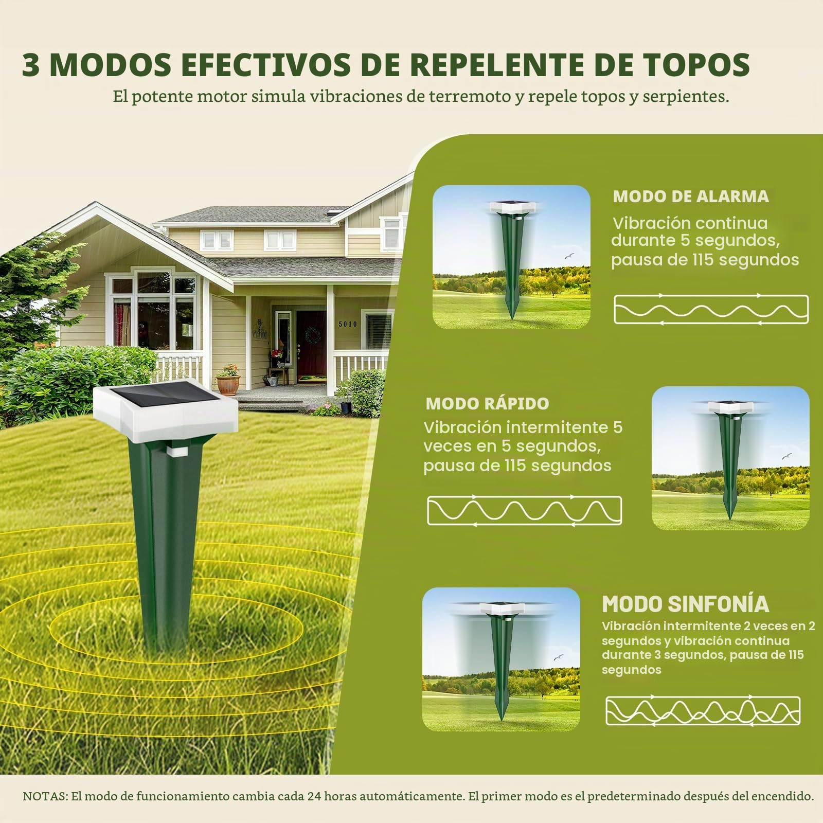 Ahuyentador de Topos, 3 Modos de Vibración Ahuyentador de Ratas con Luz LED, Solar y Impermeable Ultrasónico de Plagas, Topos y Serpientes, per Césped, Patio y Jardín (2, Verde)