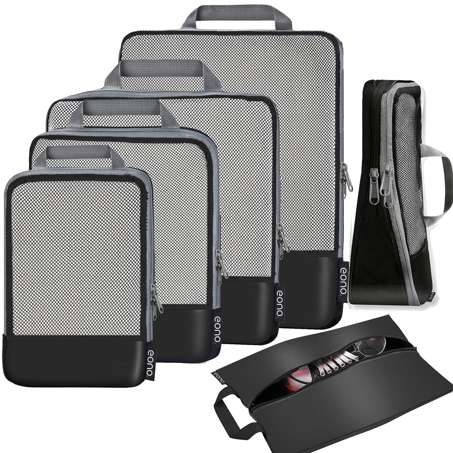 Eono by Amazon - Komprimierbaren Packwürfeln zur Organisation Ihres Reisegepäcks, Compression Packing Cube, Packtaschen Set & Gepäck Organizer für Rucksack & Koffer, Schwarz, 6-teilig