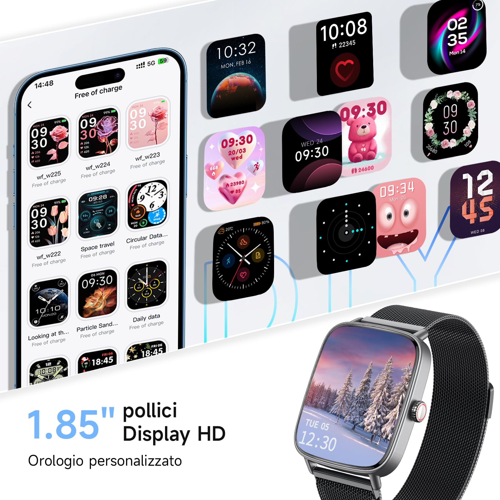 Smartwatch Donna Uomo,1.85" HD Smart Watch Chiamate e Whatsapp,Orologio Fitness Sportivo Cardiofrequenzimetro/SpO2/Sonno/Contapassi,Fitness Tracker 110+ Modalità Sport Impermeabile per Android iOS