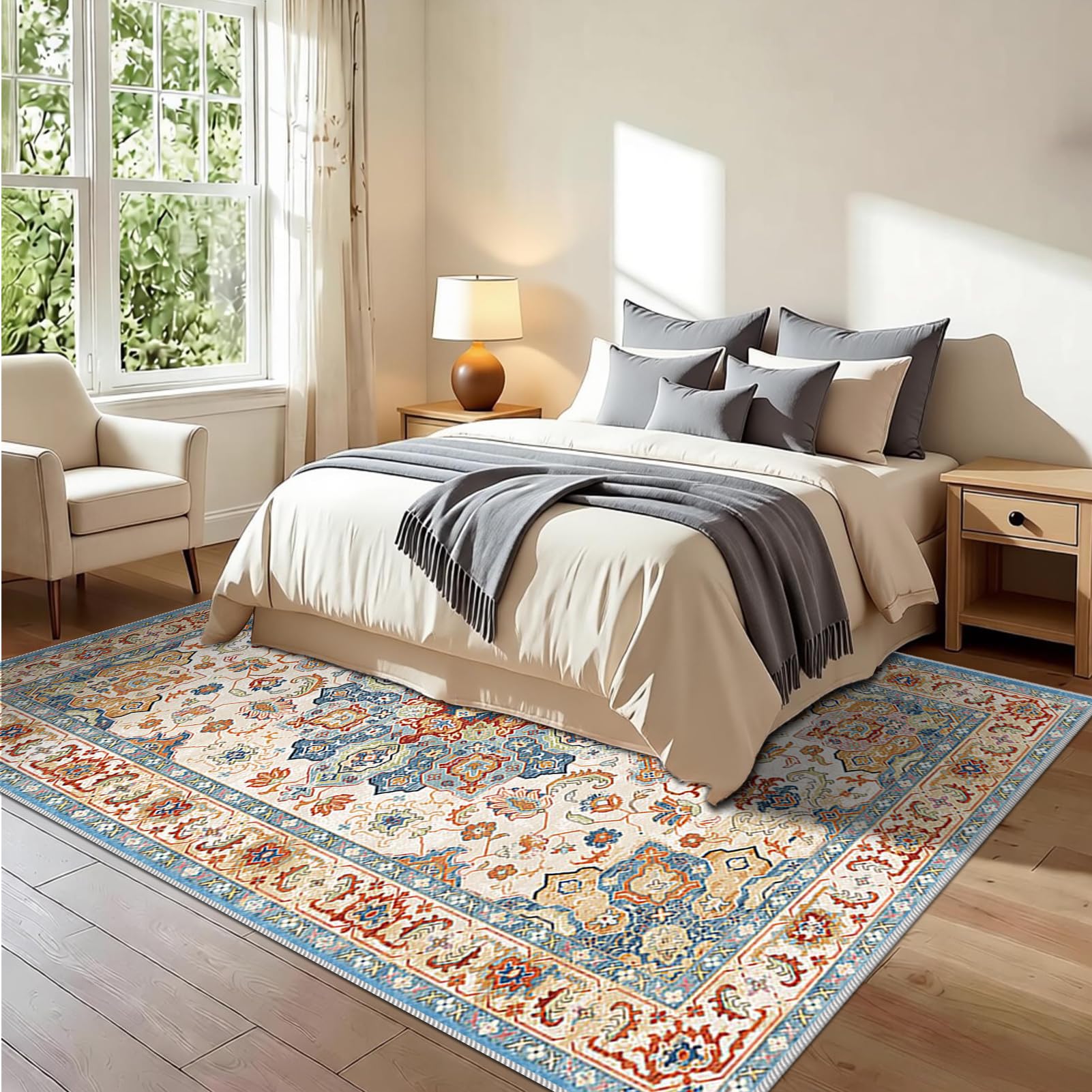 Dywan do salonu w stylu vintage, 180 x 210 cm dywaniki do sypialni, salonu, sypialni, kuchni, jadalni, duży dywan z krótkim włosiem, dywan do jadalni, antypoślizgowy zmywalny dywanik kuchenny