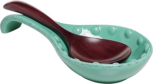 MyGift Cuchara de cerámica turquesa con diseño de puntos, cuchara de cocina para encimera y soporte para cucharón