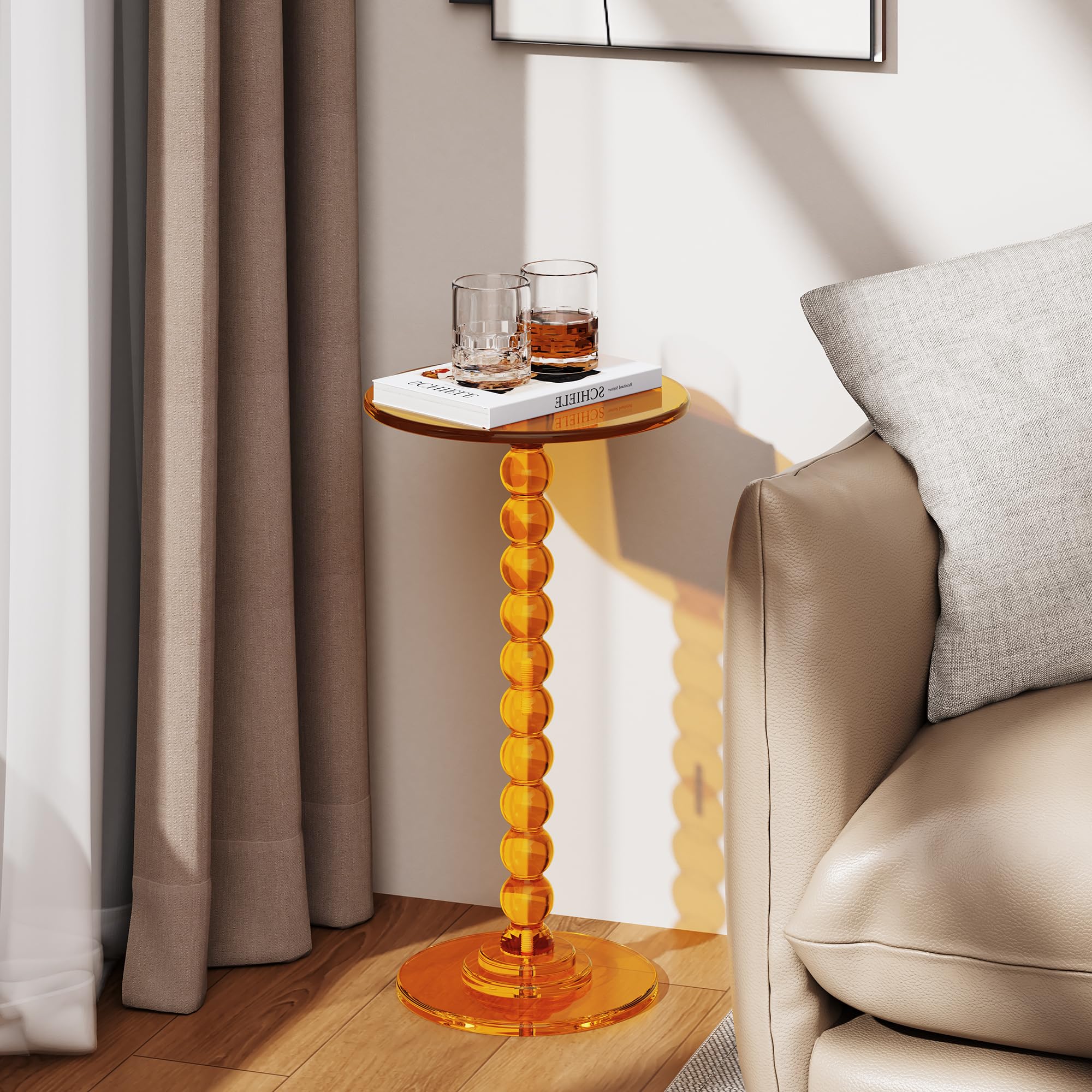 Mesa Auxiliar de acrílico, Mesa Lateral con Tapa Redonda y Poste sólido para salón, Dormitorio, balcón, Mesa de Apoyo, fácil Montaje (Naranja, 30×30×55 cm)