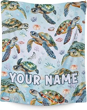 Custom Turtle Blanket with Name for Girls Boys, Cute Soft Gifts for Ocean Lovers, Cozy Flannel Throw for Couch Office, 40"x50"