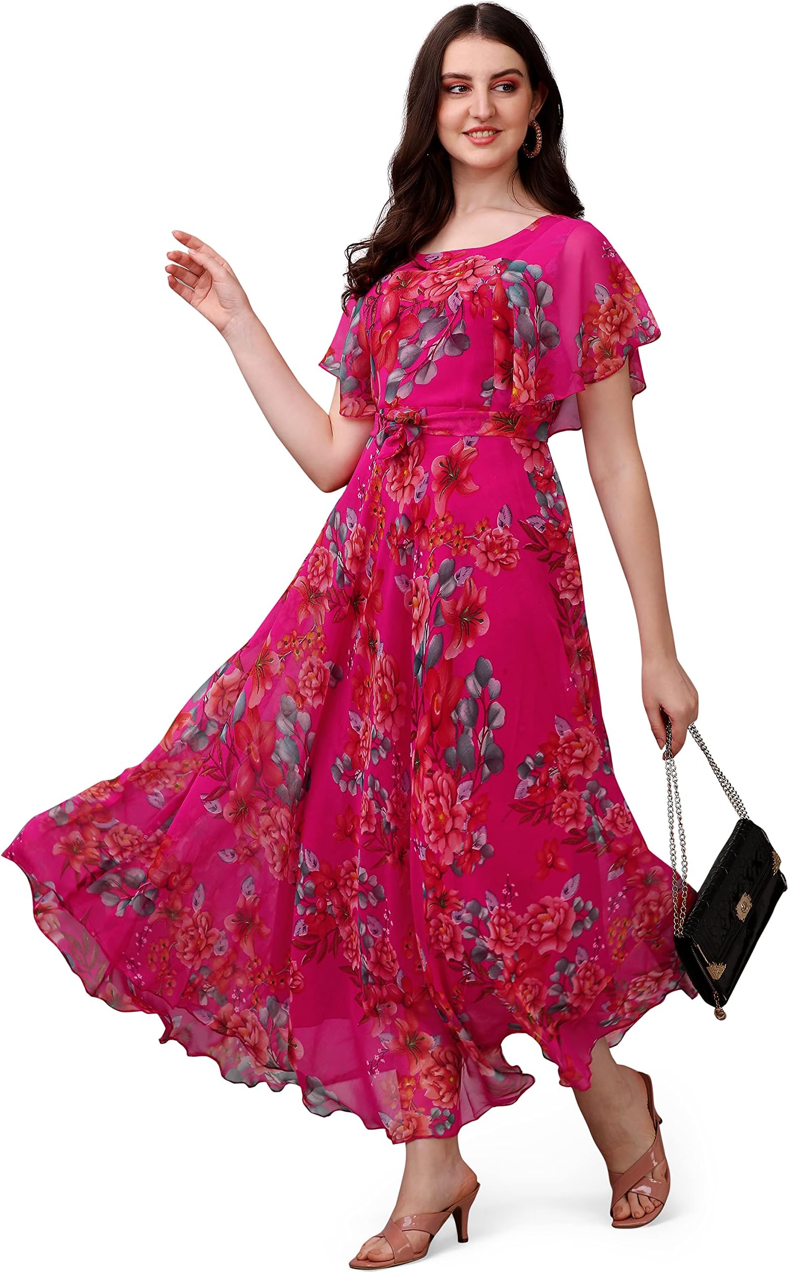 Fashion2wear Women's Georgette Floral Digital Print Short Sleeve Full-Length Fit & Flare Long Gown Dress for Girls (ET-CYWN-E1LE)