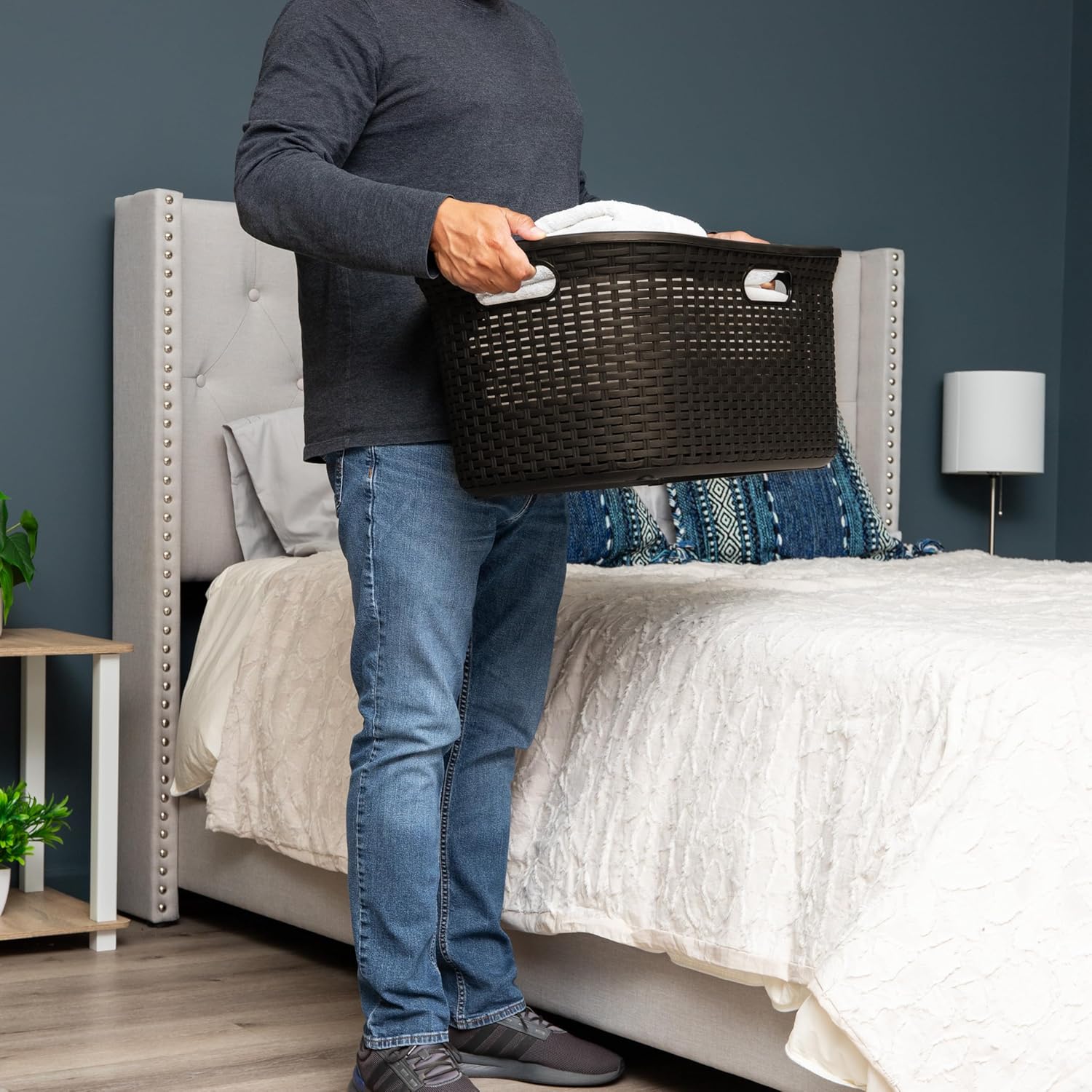 Mind Reader 40L Laundry Basket, Clothes Hamper, Wicker Design, Plastic, 23"L x 14.5"W x 11"H, Set of 2, Brown