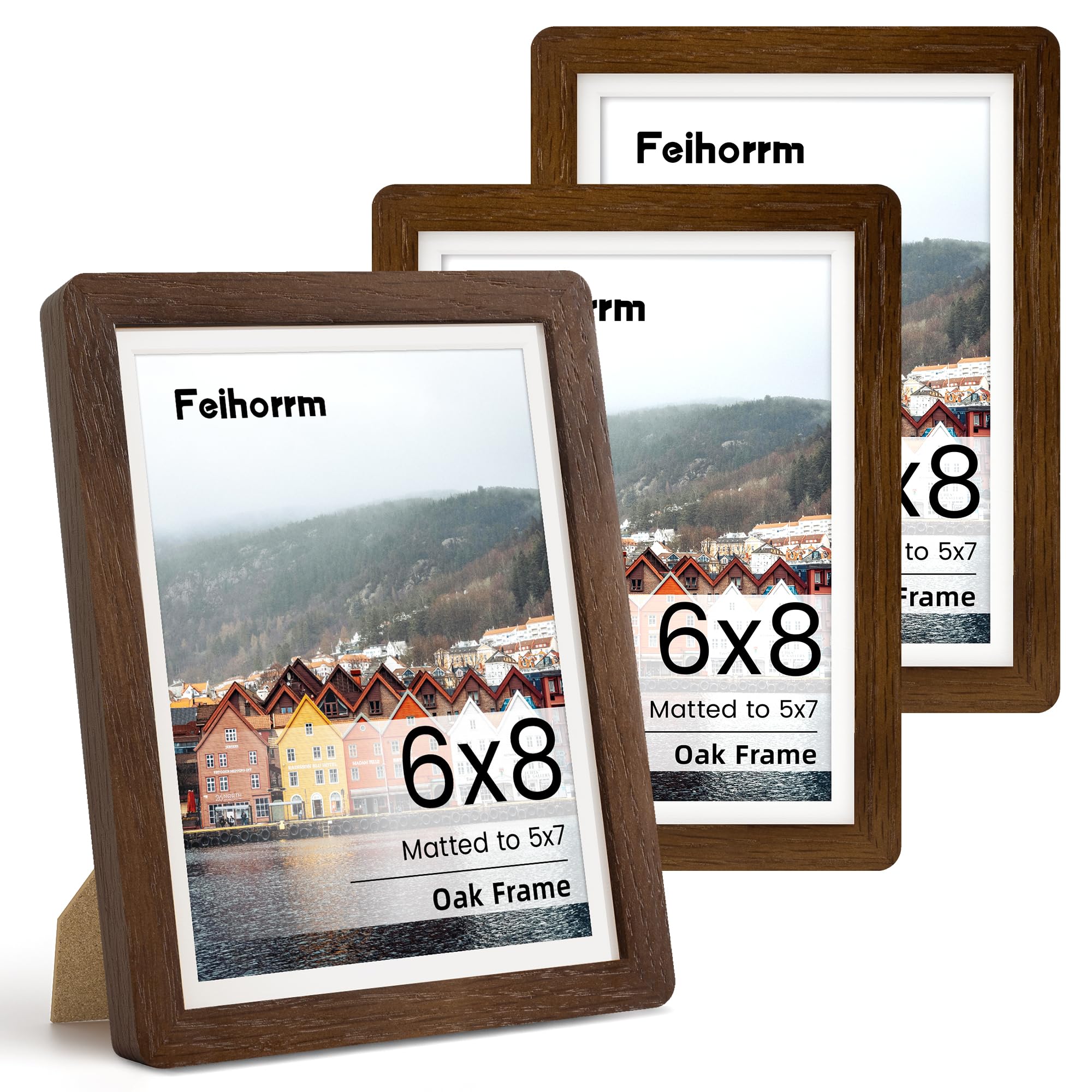 6x8 Picture Frame 3 PCS Natural Walnut Solid Wood Photo Frame with HD Tempered Glass, Handcrafted Wooden Rounded Corner 6x8 Frame Matted to 5x7 Photo Frame, Wall or Tabletop Decor