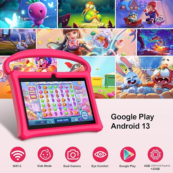 VASOUN Kids Tablet 7 Inch,Android 13 Tablet for Kids,32GB+512GB Expand,Pink