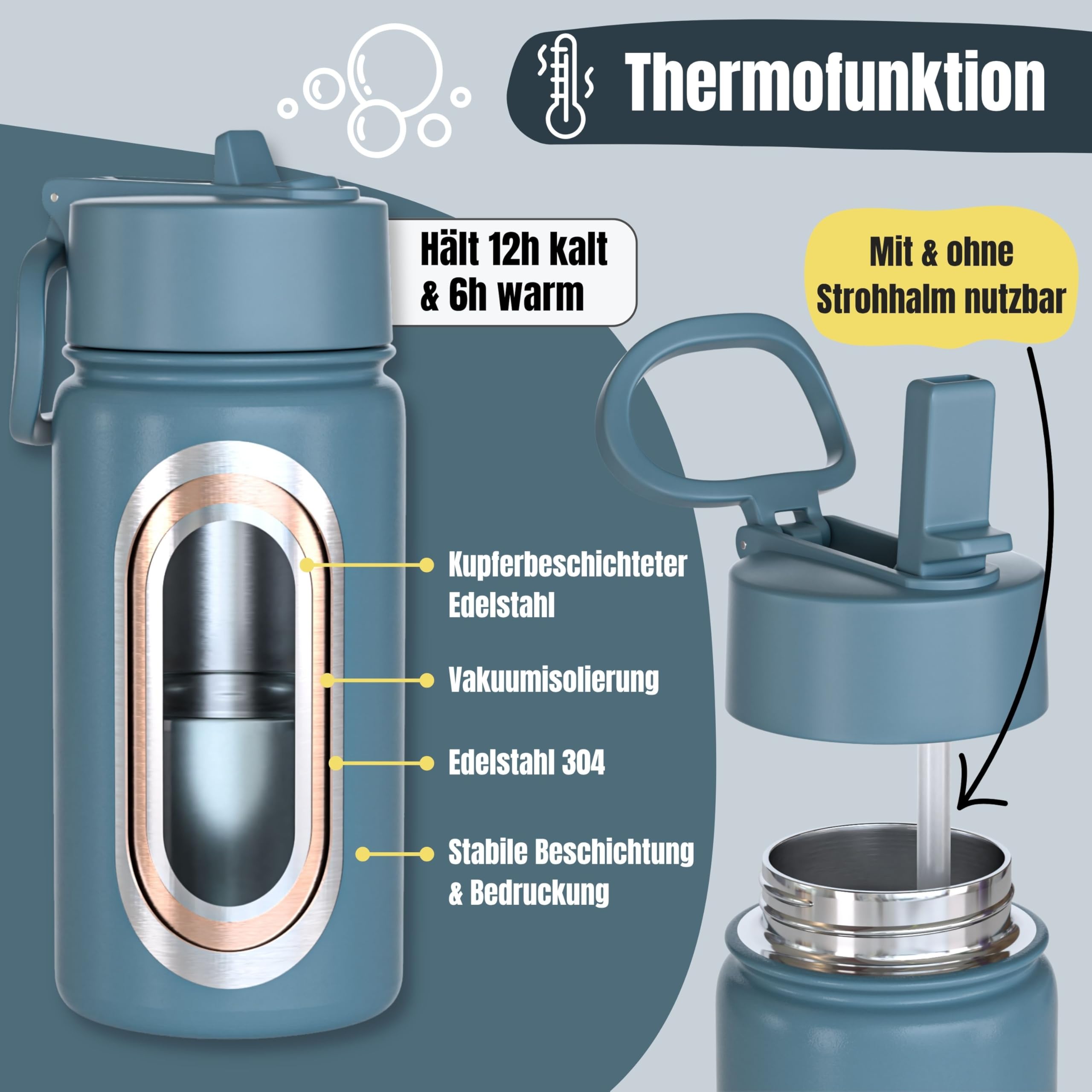 Edelstahl Trinkflasche Kinder 400ml (Blau - Traktor Fuchs) | Thermoflasche, mit Strohhalm, vakuumisoliert, auslaufsicher, BPA-frei, für Mädchen & Jungen