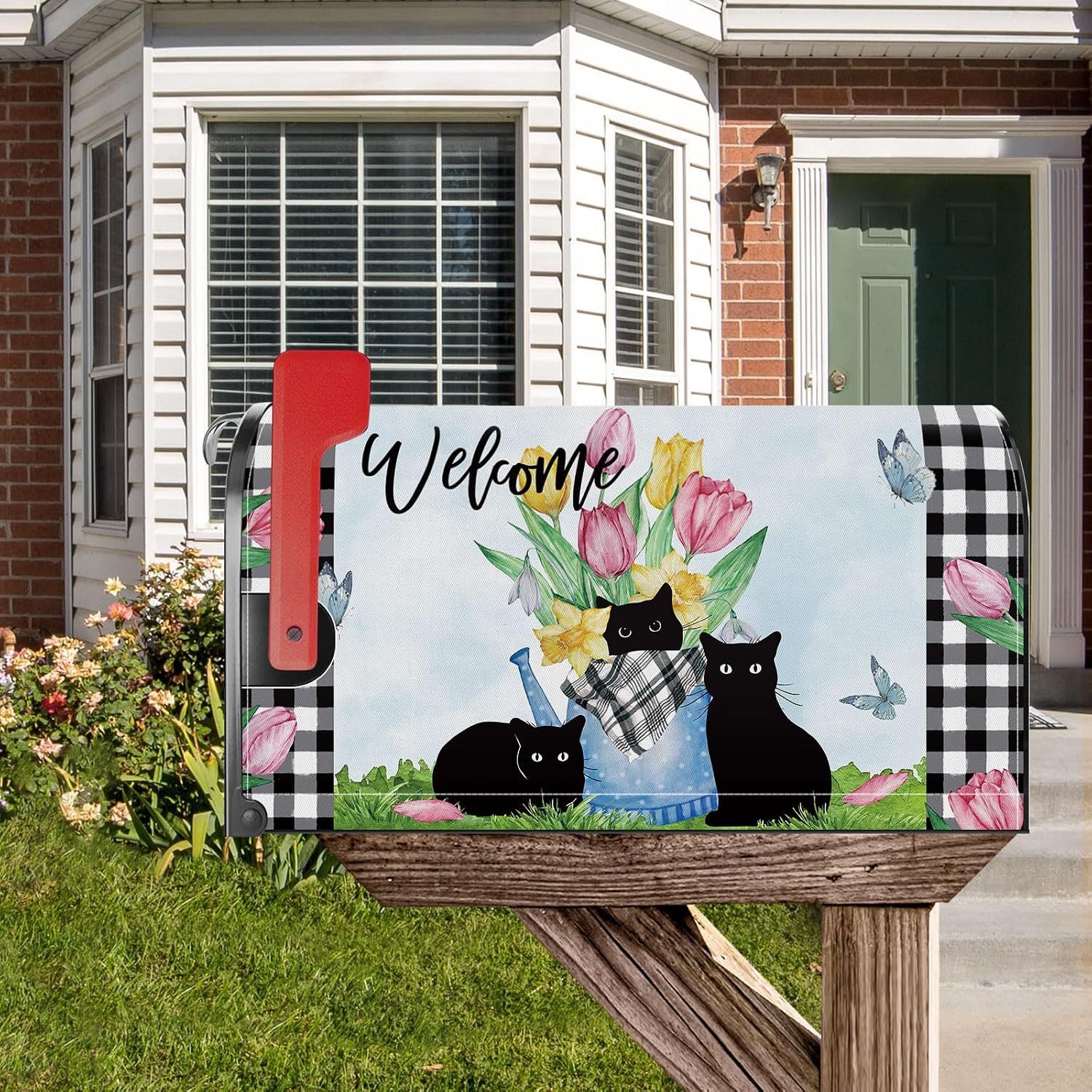Spring Black Cat Tulip Floral Mailbox Cover Magnetic Standard Size 21x18 Inch Post Letter Box Wrap Garden Yard Home Decor image 3