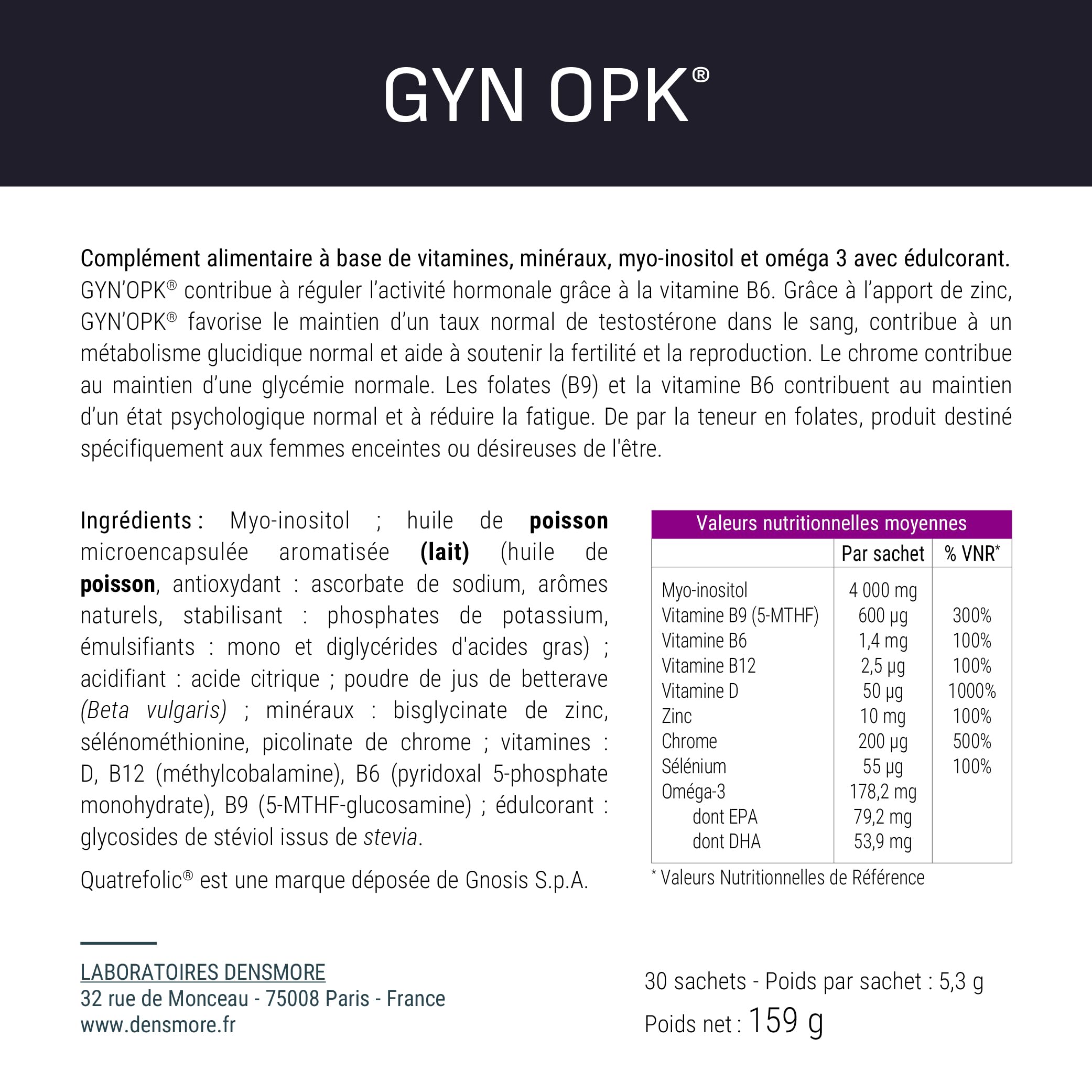 Densmore - GYN'OPK - Régulation hormonale et Glycémie - SOPK - Omega 3, Myo inositol, Acide folique, Zinc et Chrome - Complément alimentaire - 30 sachets - 1 mois