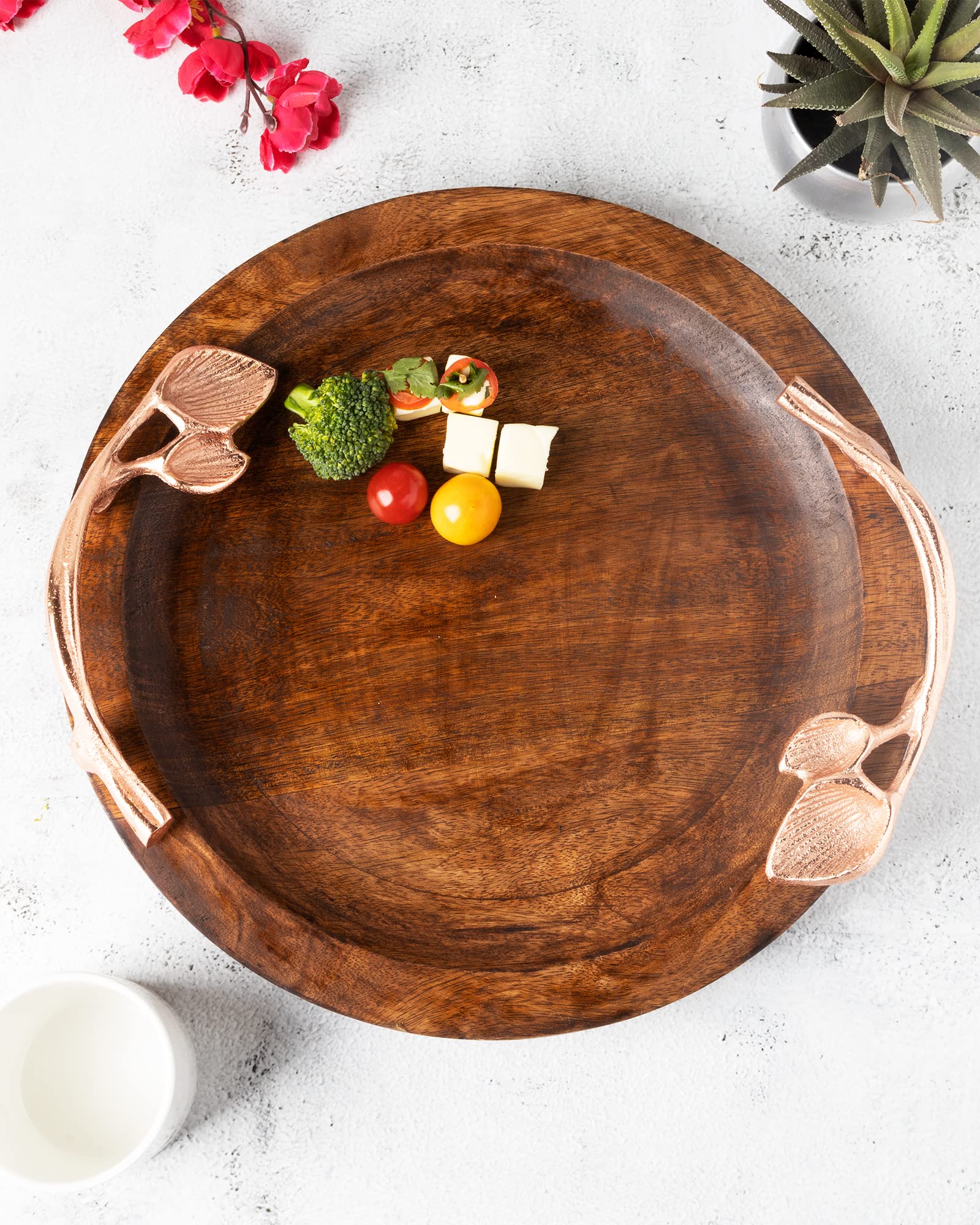 Homesake® Serving Round Cheese Platter Serving Tray, Snacks and Fruits or Dining Room, Kitchen, Decorative, (Wood, Round Copper Floral Handle)