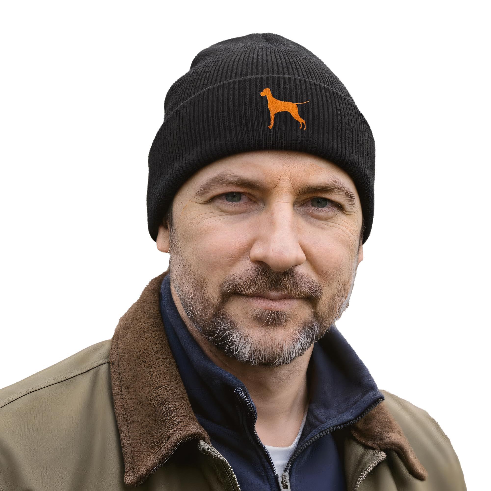 The House Of Dog Hungarian Vizsla Owner Gift. Classic Cuffed Unisex Beanie Ski Hat with Embroidered Design. Black