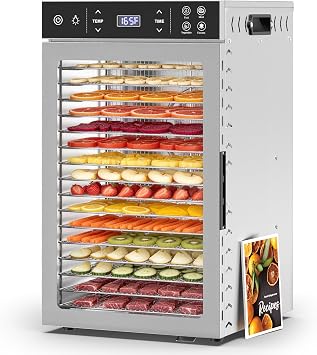 Suteck 800W Food Dehydrator with 16 Trays for Jerky, Fruit, Veg, Meat | Stainless Steel, 4 Presets, Strong Dual Fans & 360 Airflow, 85F195F, 48H Timer, Built-in Light, Quiet