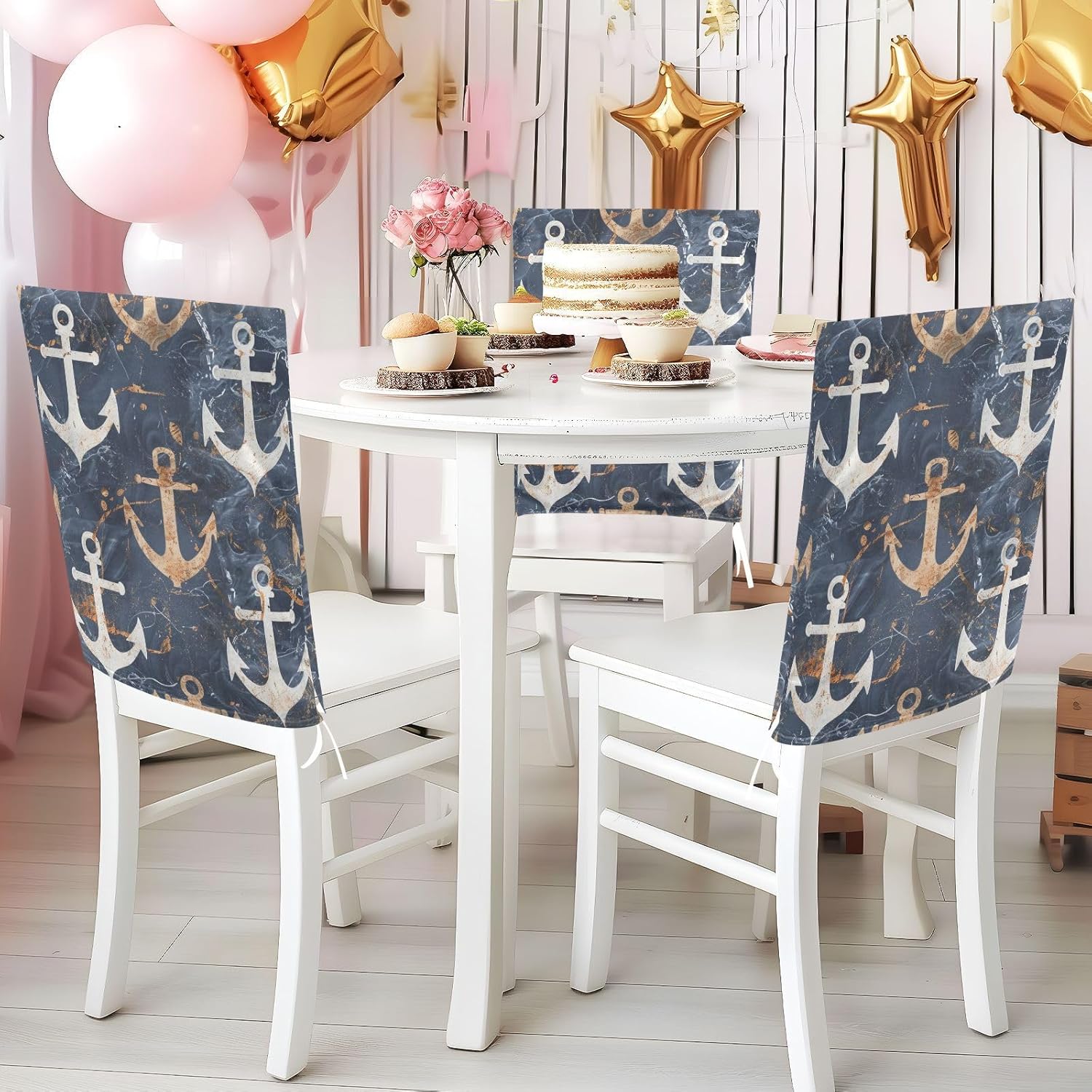 ALAZA Anchor on Marble Background Chair Back Cover Set of 6, Washable Reusable Removable Chair Slipcovers Decorative Chair Cover for Home Kitchen Wedding Party
