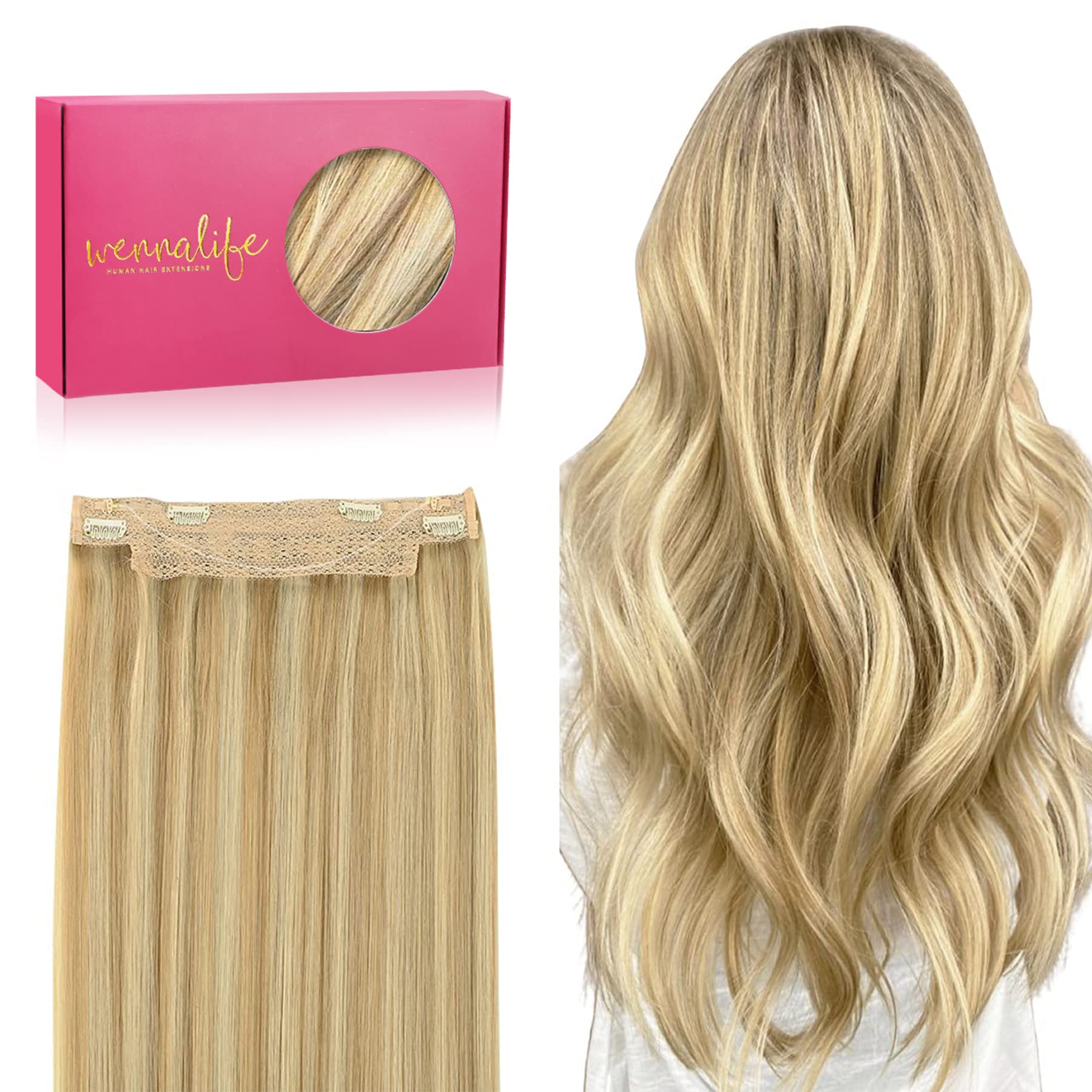 WENNALIFE Wire Hair Extensions (Increase 50% Lifespan) Real Human Hair 16 inch 95g Light Blonde Highlighted Golden Blonde Remy Hair Invisible