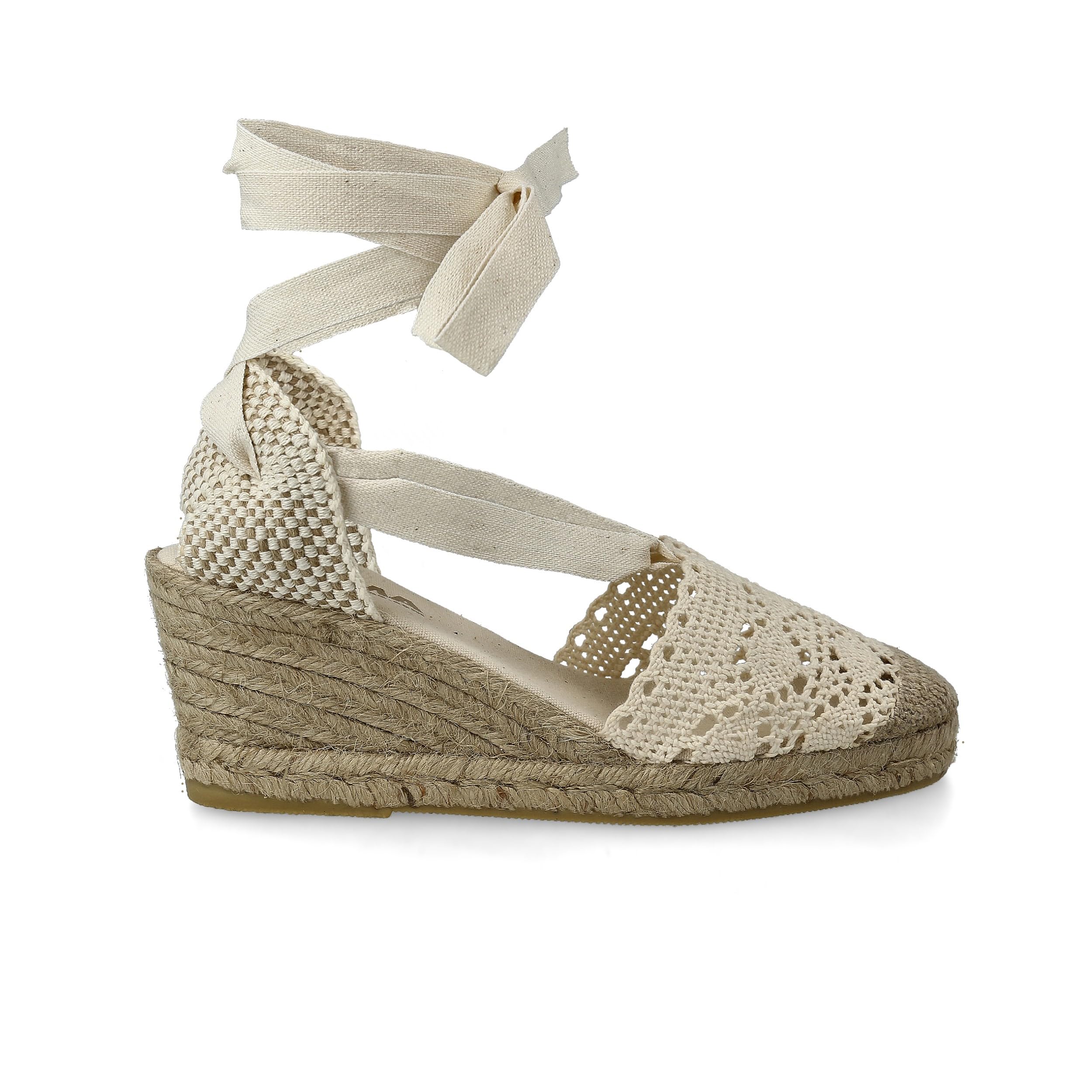 PAYMAWomen Medium Wedge Crochet Sandals. Made in Spain. Espadrilles with Medium Height. Ankle Lace Up. Padded Fabric Insole. Rubber Outsole.