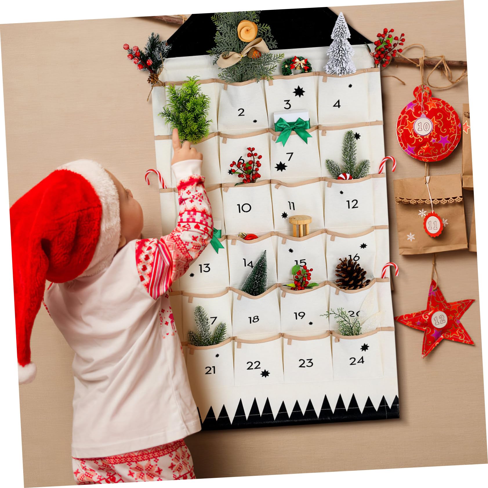 Wandbehang Adventskalender Tasche Taschen Lagerung Baumwollstoff Weihnachtsdekor einfach aufzuhängen