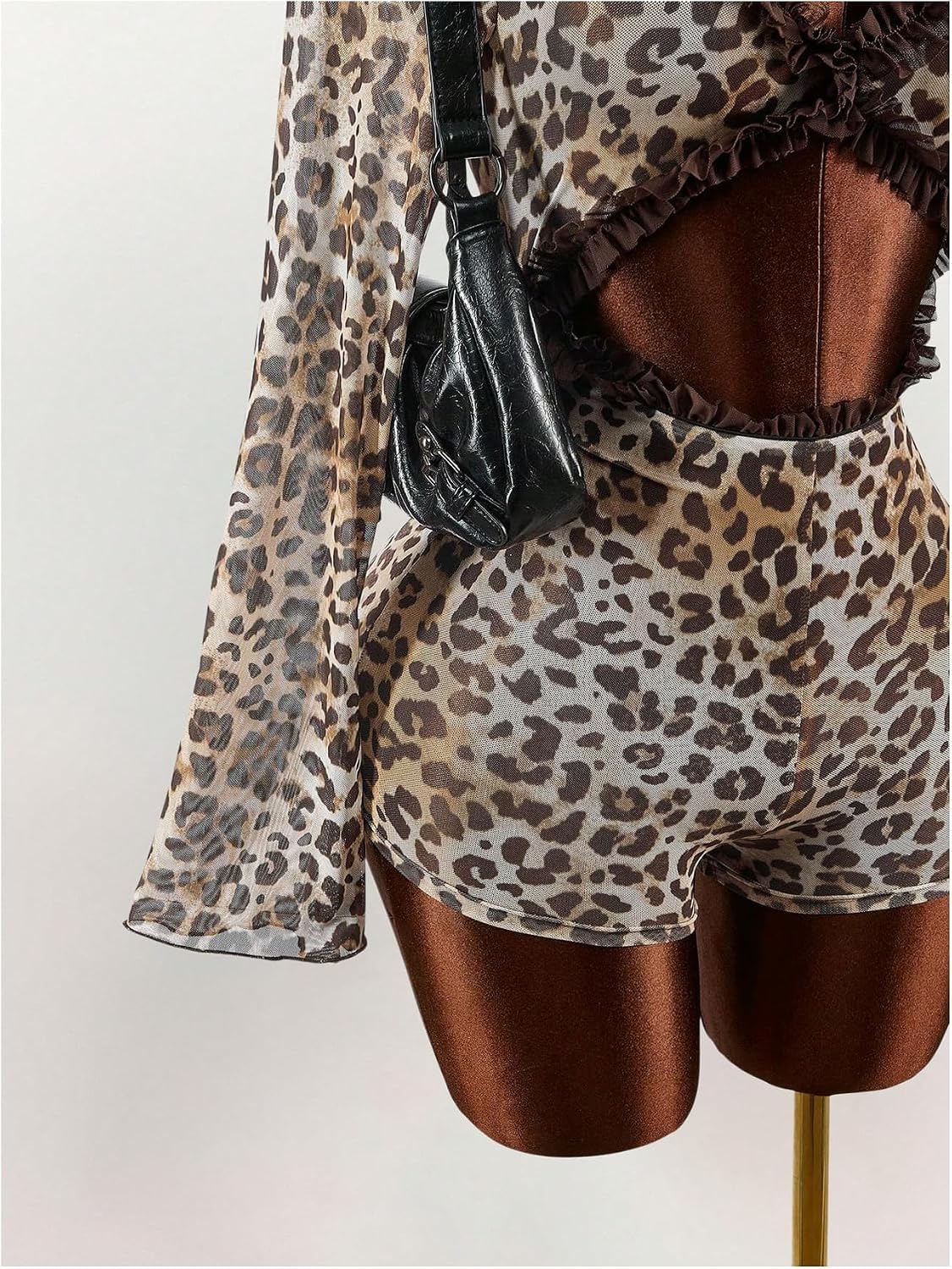 SweatyRocks Women's Sexy Leopard Print Sheer Hollow Out Romper Long Sleeve Ruffle Trim Bodycon Short Jumpsuits