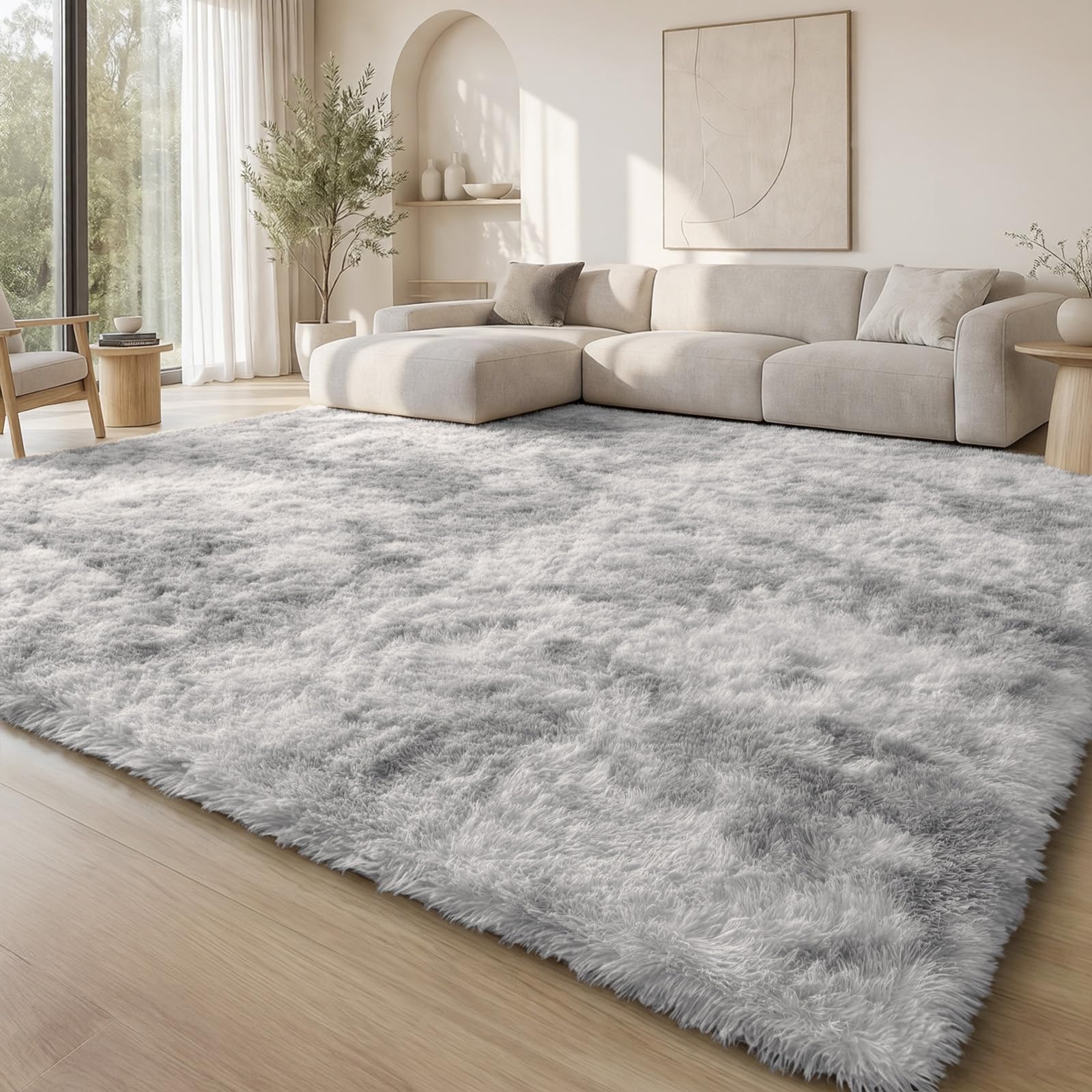 Homaxy Fluffy Shaggy Modern Rug, Anti-slip Washable Large Carpet, Thick Pile Bedside Rugs for Living room, Kids Bedroom, Nursery - Light Grey, 240 x 340 cm
