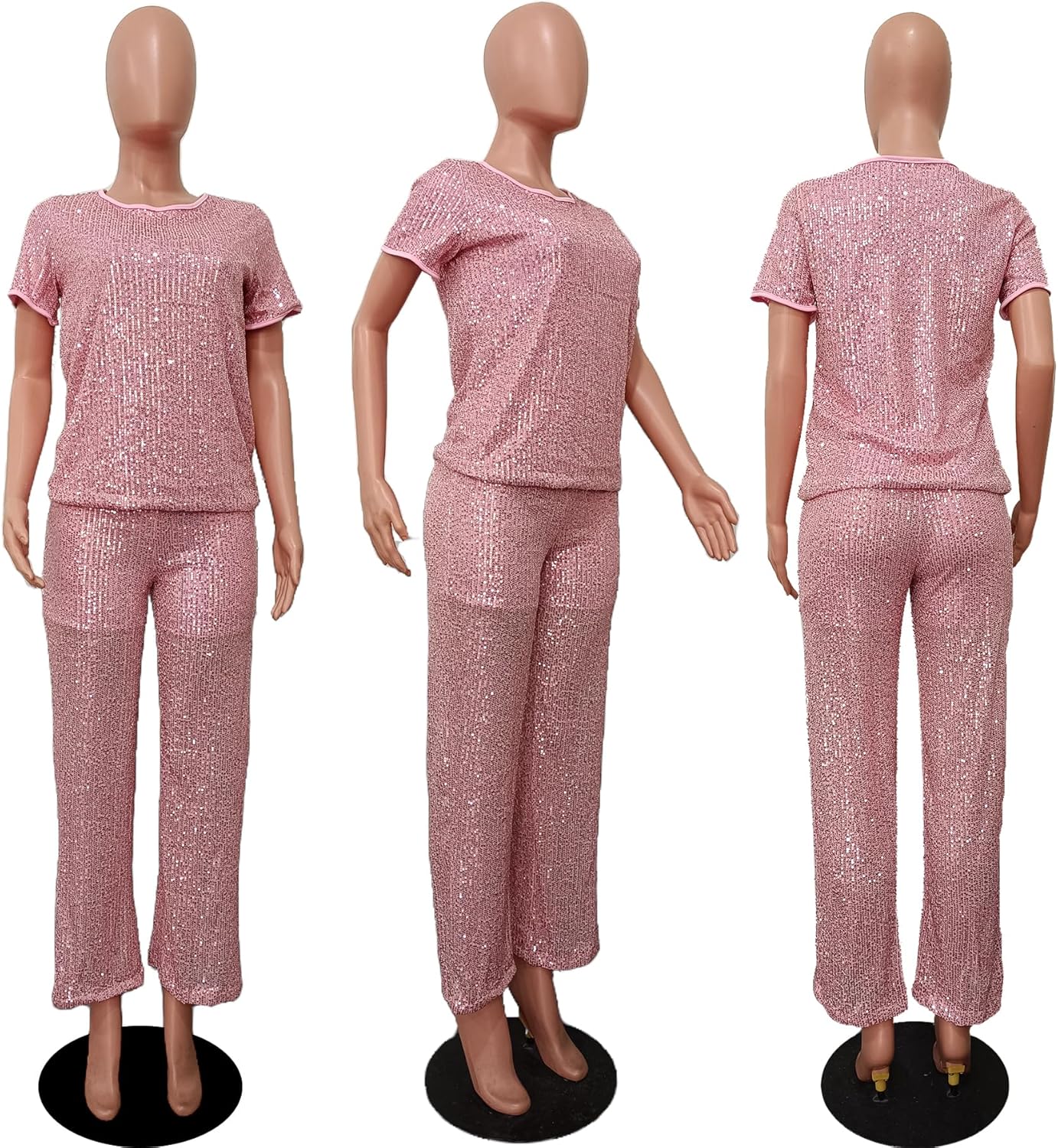 Sequin 2 Piece Outfit for Women Sparkle Wide Leg Pants Set Crew Neck Top Shiny Clubwear - Image 5
