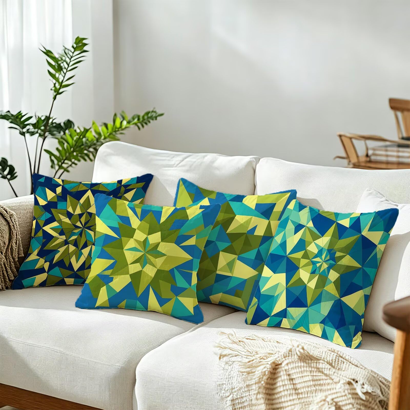 Verde Federe Cuscini Divano 60x60cm, Cuscini da Esterno Set de 4, Cod-53 | Lin Copricuscini Decorativi Letto Arredo, per Letto, Soggiorno, Giardino, Esterno, Casa Decorazione Set di 4 Geometria