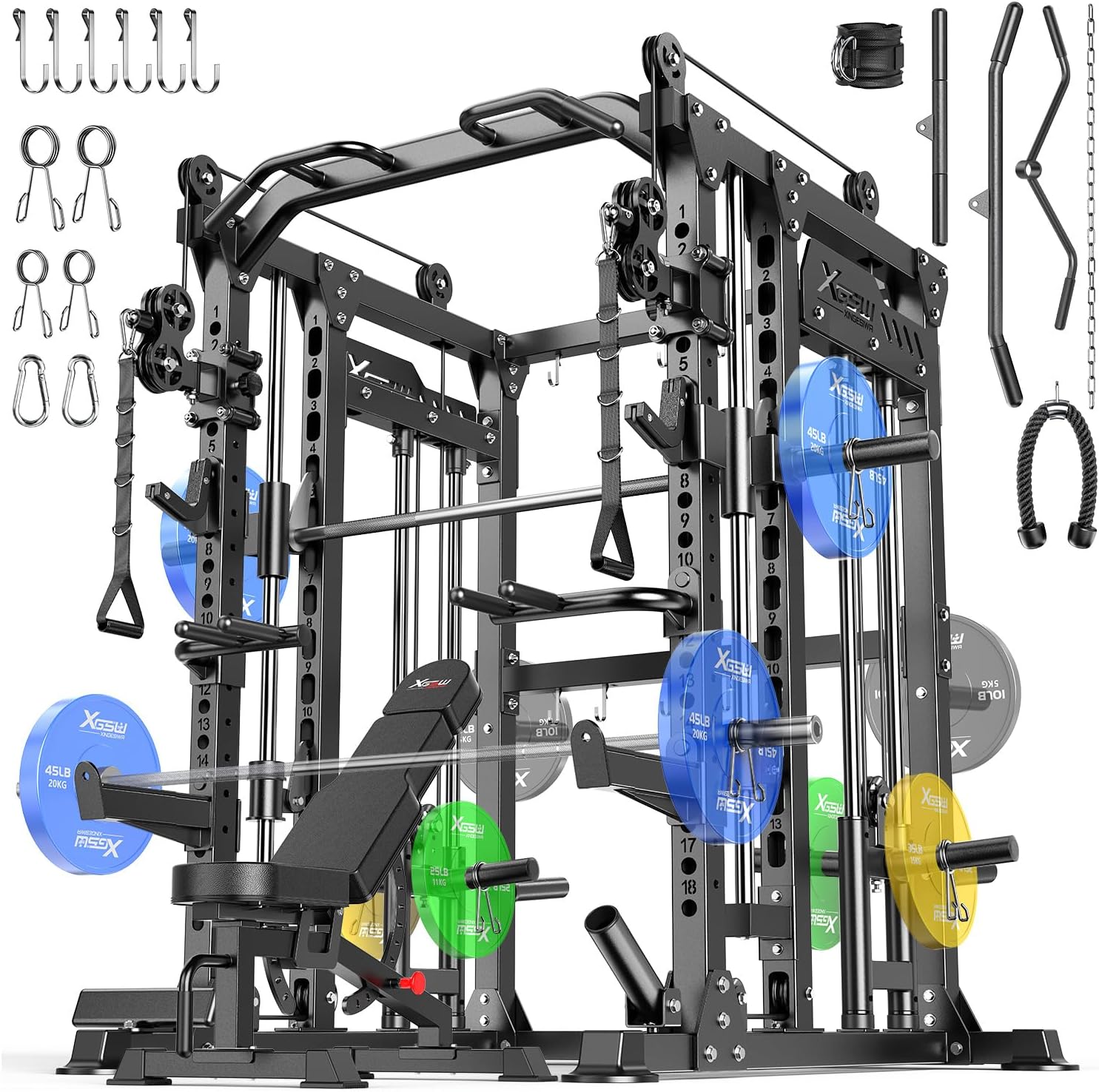 Smith Machine with Cable Crossover System, Multi-Function Power Cage Squat Rack for Home Gym, Power Rack and Packages Weight Sets.