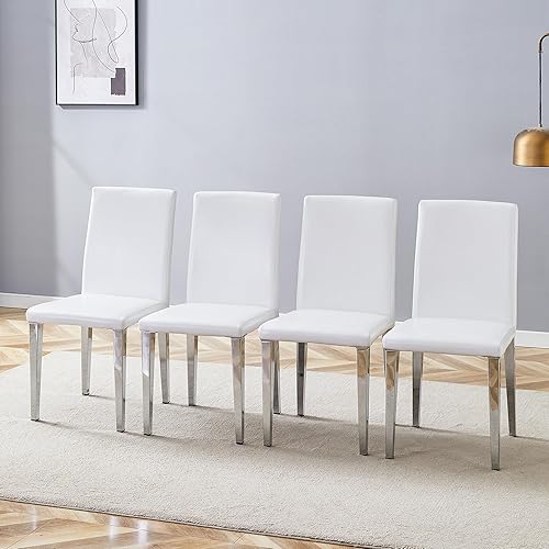 Juego de 4 sillas de comedor blancas, piel sintética con patas de metal cromadas, juego de 4 sillas de cocina sin brazos, carga máxima de 300