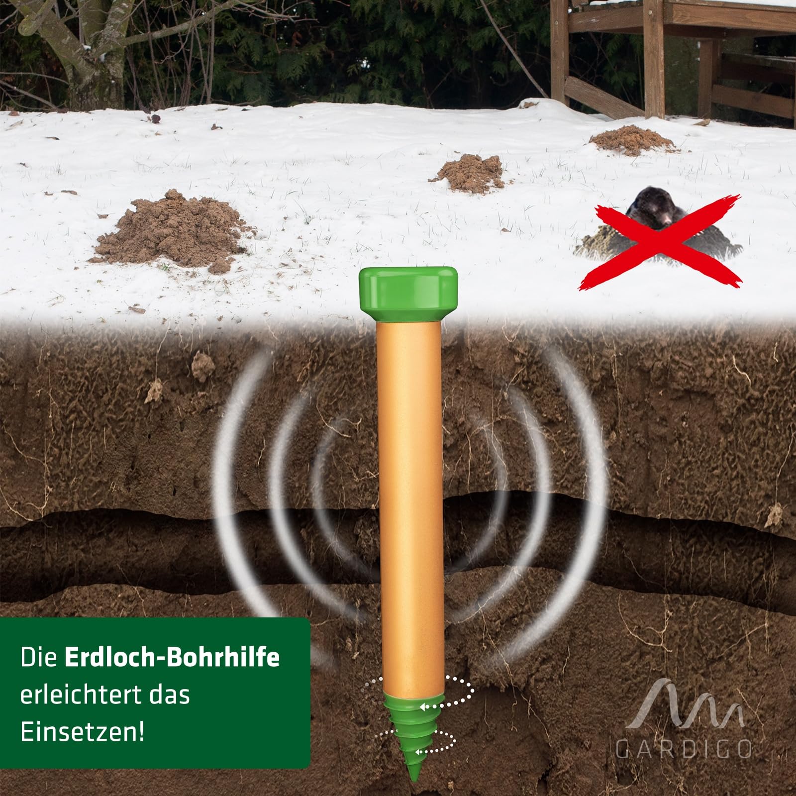 Gardigo® Repellente per Talpe e Formiche Deluxe Set di 4 Dissuasore Talpe | con Aiuto per la Perforatura | Repellente per Formiche e Talpe per il Giardino | Anti Talpa | 400-500 Hz
