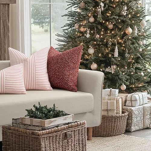Miniatura 3 de Fundas navideñas para cojines de 16 x 16 pulgadas, juego de 2 fundas cuadradas modernas, decorativas, con diseño de rayas amarillas y beige en