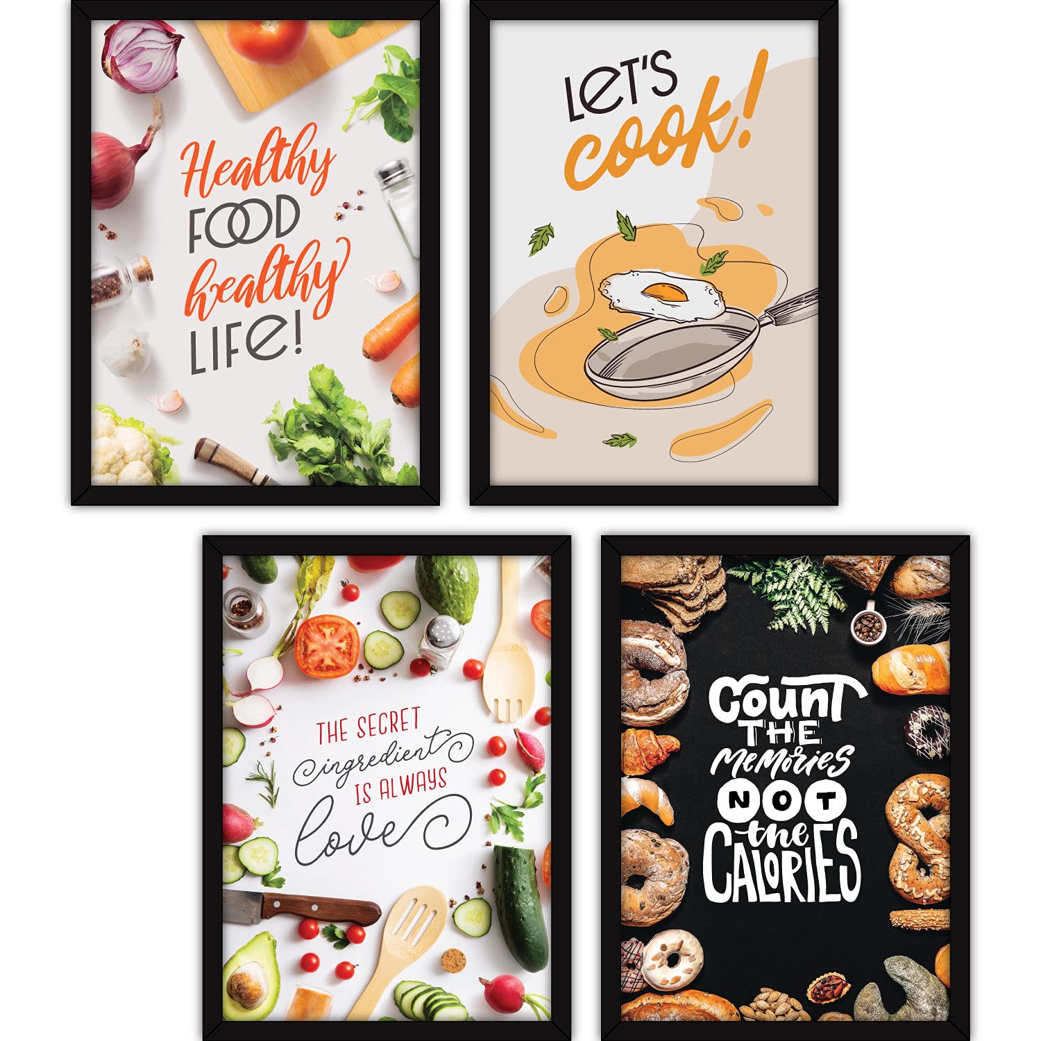 Byte Shop Framed Wall Paintings for Room Home Decor - Food Posters With Glass, A4 - Set of 4
