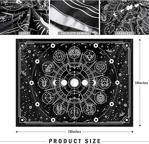 Miniatura 7 de Tapiz de bruja, astrología del zodiaco, tapiz de constelación blanco y negro para decoración de pared, diseño psicodélico de estrellas espaciales,