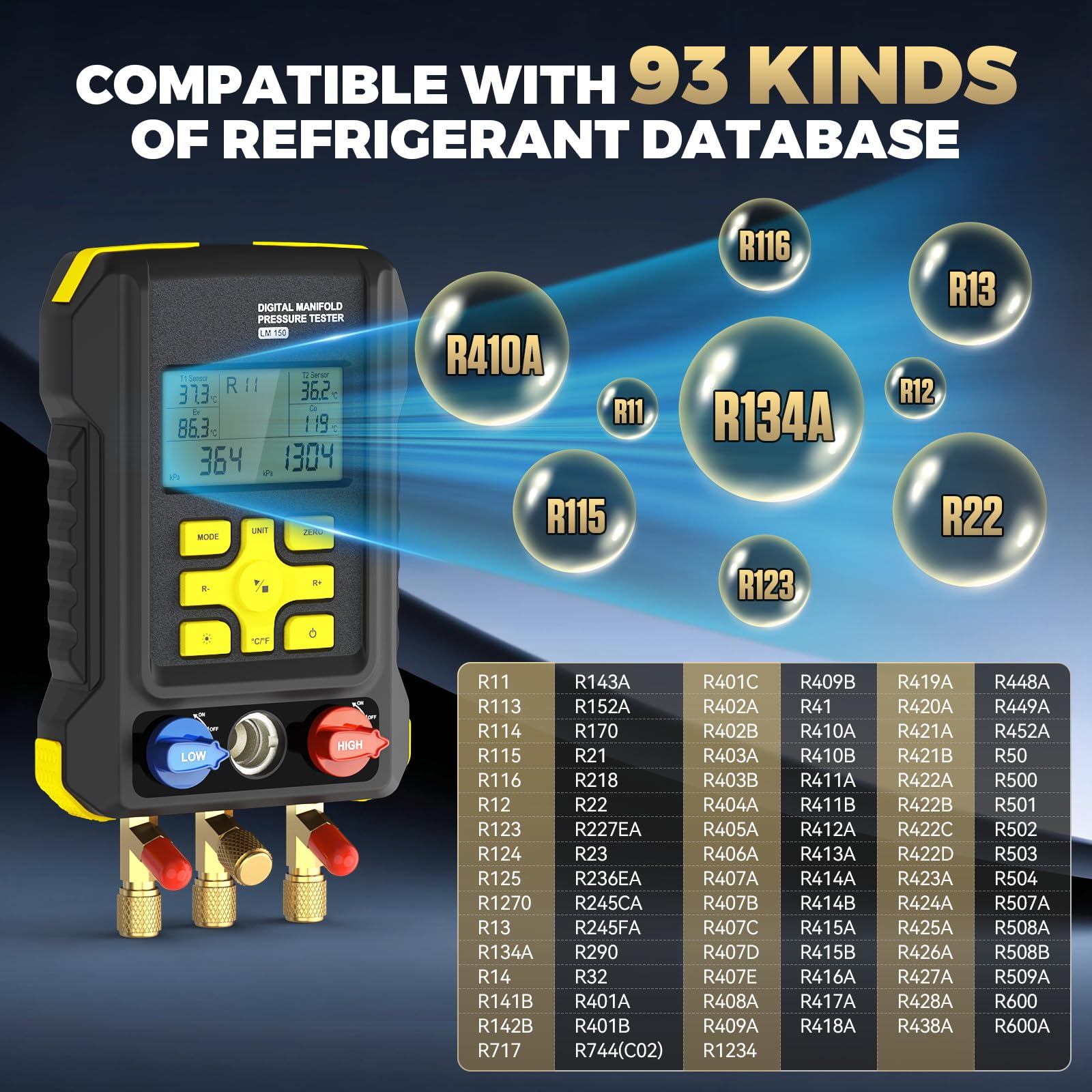 LM150 Digitales Manometer-Set für 93 Kältemittel in HLK-Anlagen | Nachfüllset für Kältemittel R134A, R410A, R404A und R22 mit Schläuchen und Thermometerklemmen