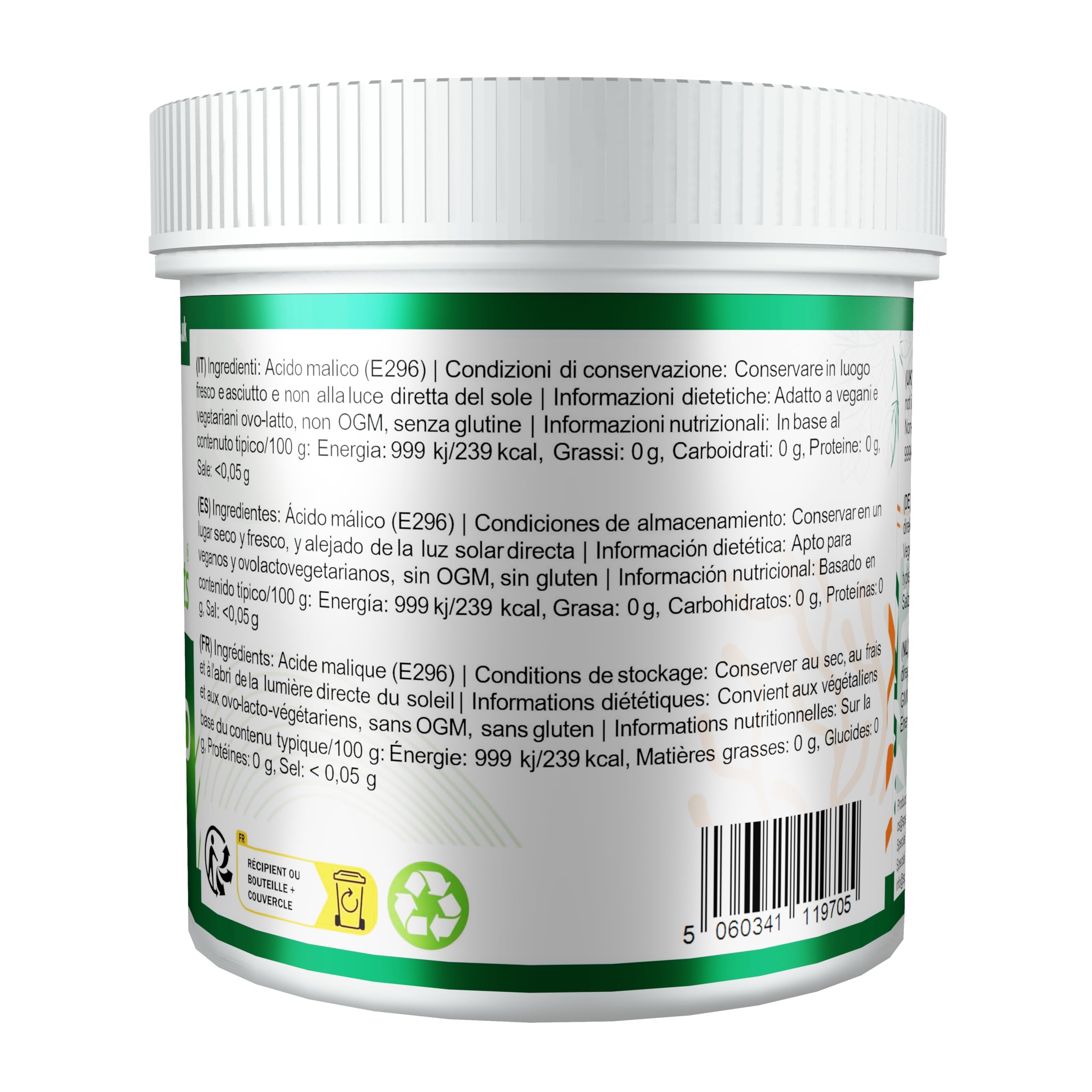 Special Ingredients Acide Malique 500g - Régulateur d’acidité pour la préparation maison de vin, bière & boissons alcoolisées - Qualité supérieure - Emballage recyclable