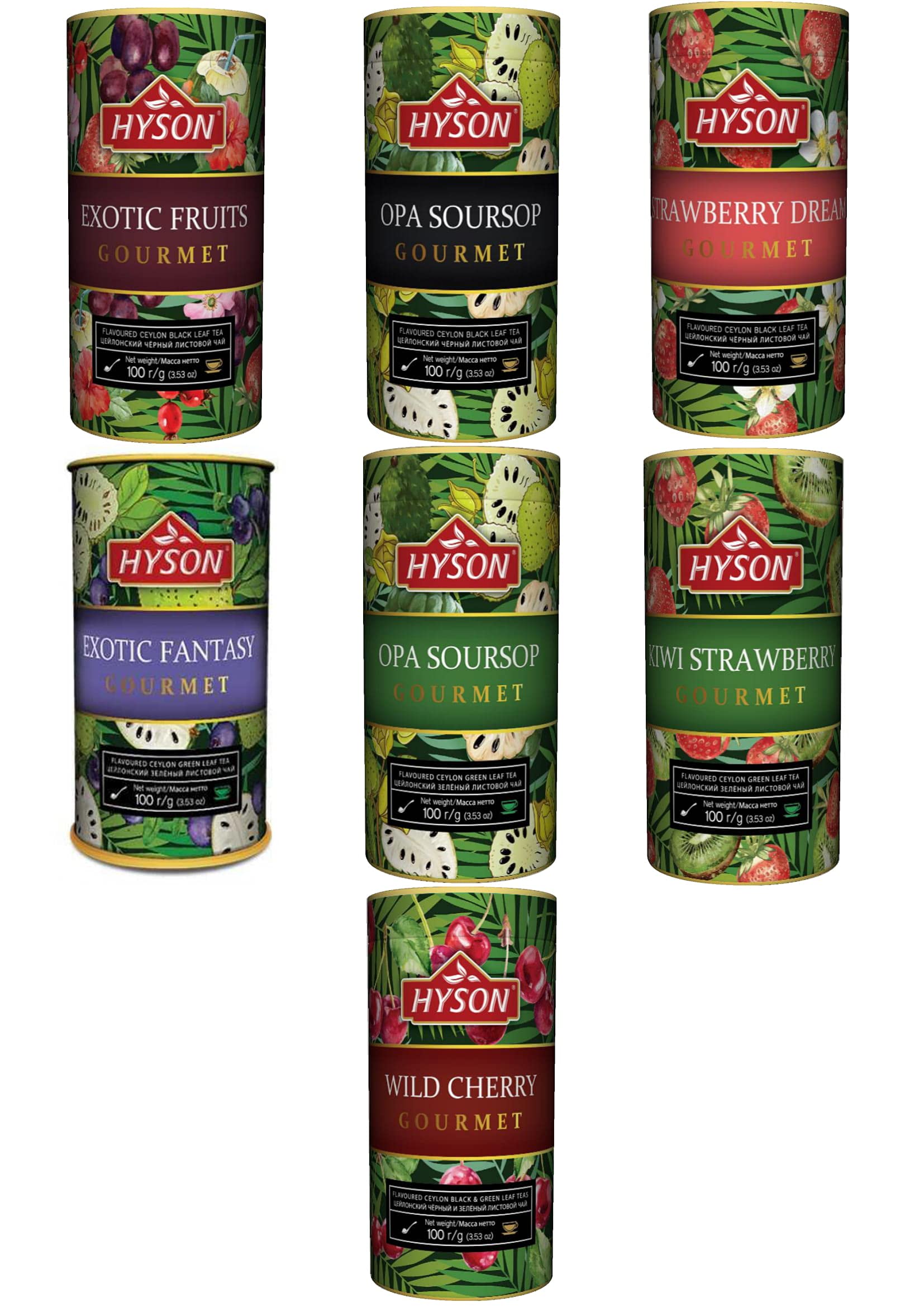 HYSON Tee - Exotische Früchte Gourmet Aromatisierter Schwarzer Ceylon Tee Lose Blätter 100 g Geschenkset (7 Teesorten) Teeset