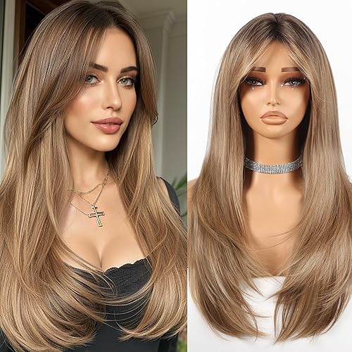 Miniatura 7 de Allbell Pelucas marrones para mujer, peluca de cabello natural largo y liso en capas con raíces marrón oscuro, parte media, peluca sintética