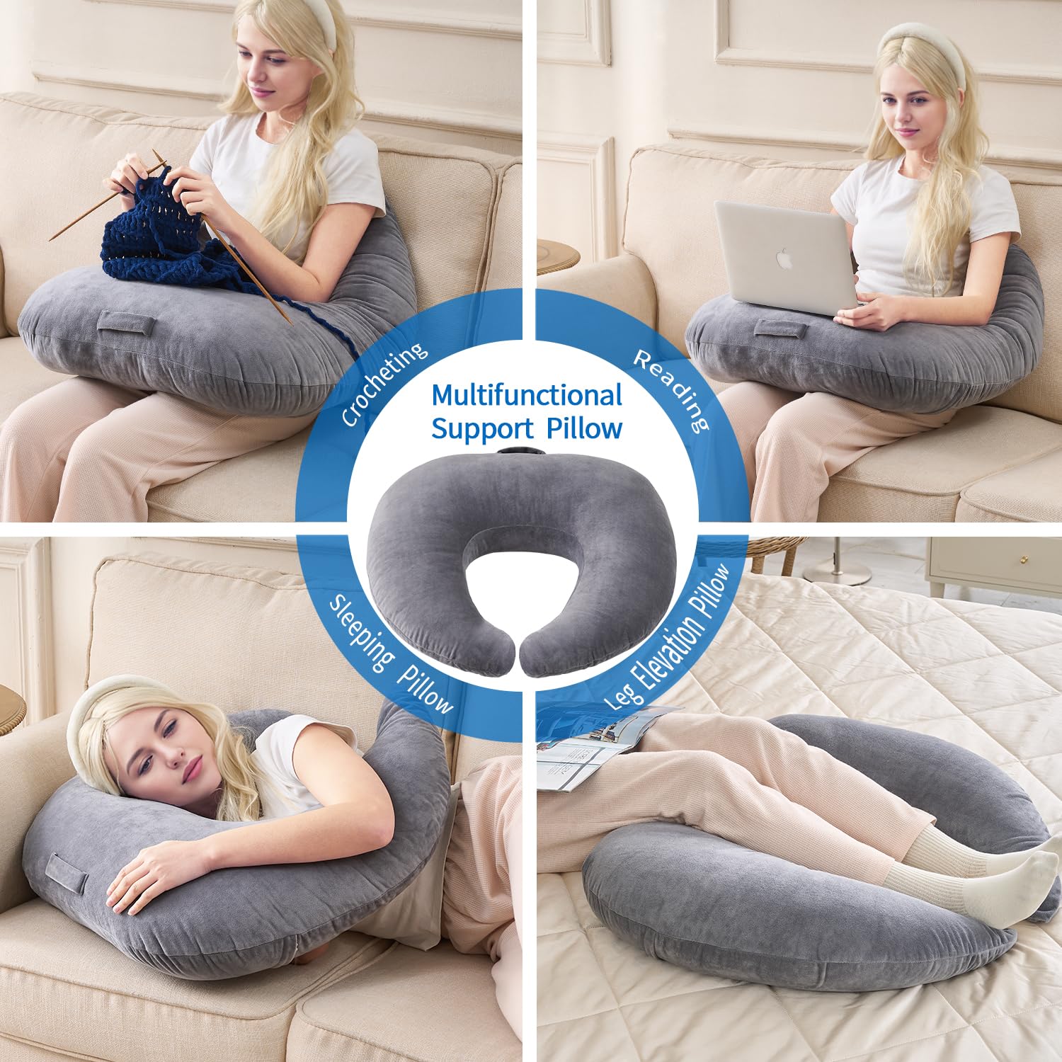 Lesekissen zum Spielen, ergonomische Armstütze zum Spielen, Häkeln, Laptop-Stützkissen zum Sitzen im Bett & Sofa, Haltungskorrektur-Kissen für den Schoß, Samtbezug waschbar (Soft Grau)
