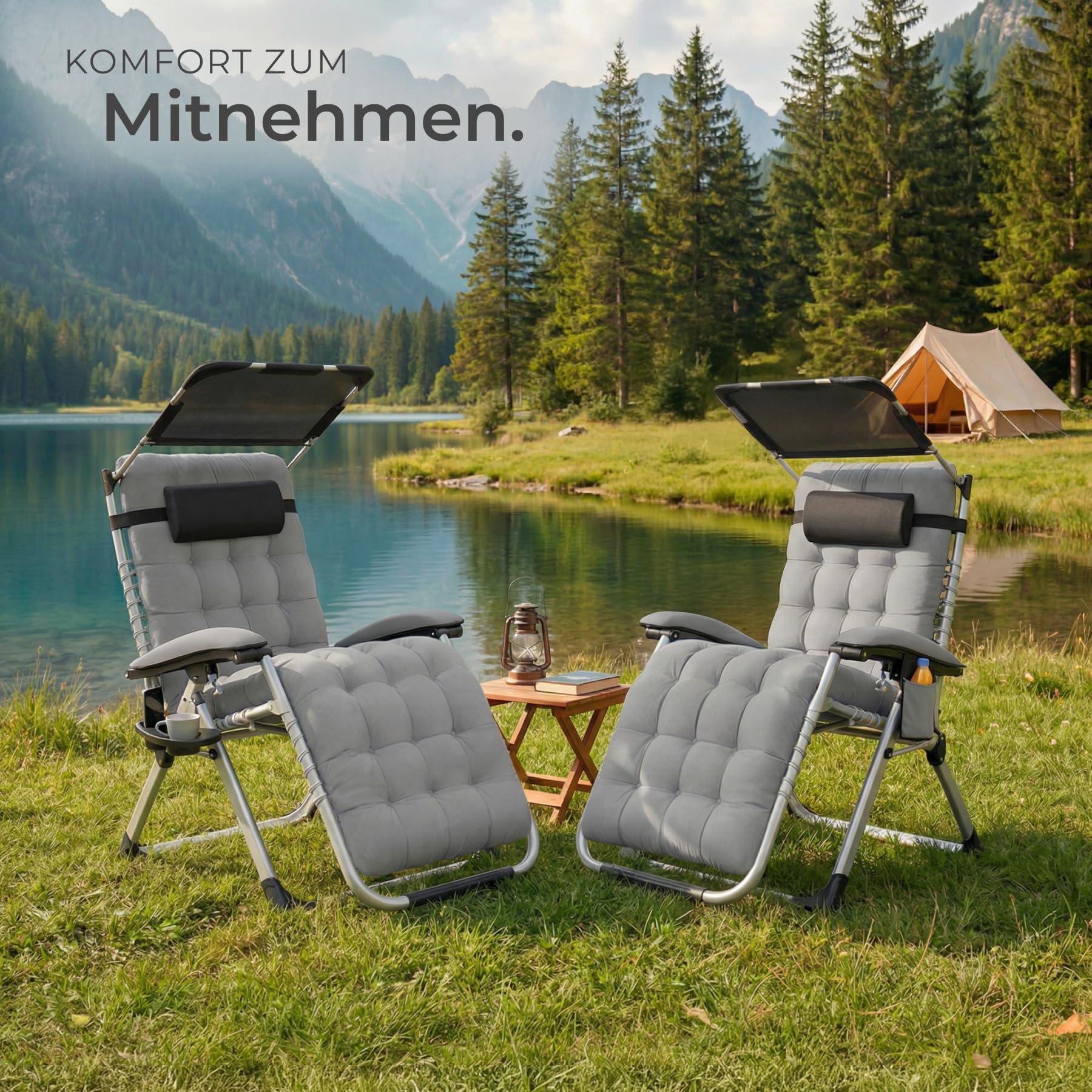 tectake® Sonnenliege klappbar, Liegestuhl, Gartenliege mit Sonnendach, Outdoor Sessel für Balkon oder Garten, Liege mit extra Dicker Auflage, Relaxliege belastbar bis 200kg - hellgrau, 2er Set